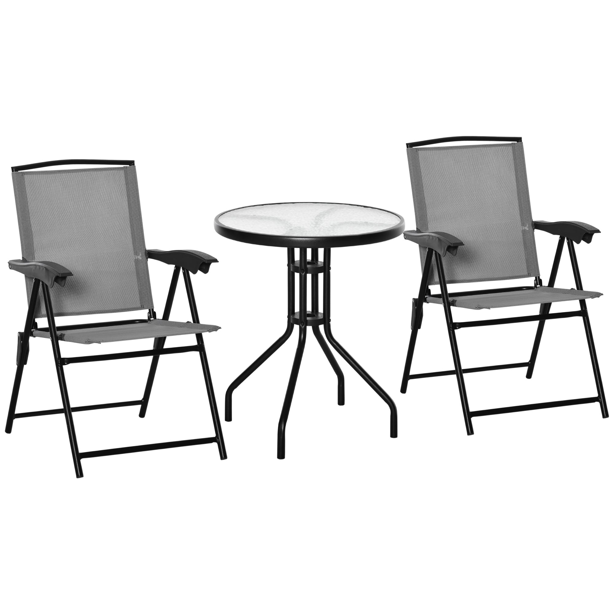 3-Piece Garden Set 2 Reclining Chairs Multi-Position Foldable + Round Table Tempered Glass Metal Textilene Gray