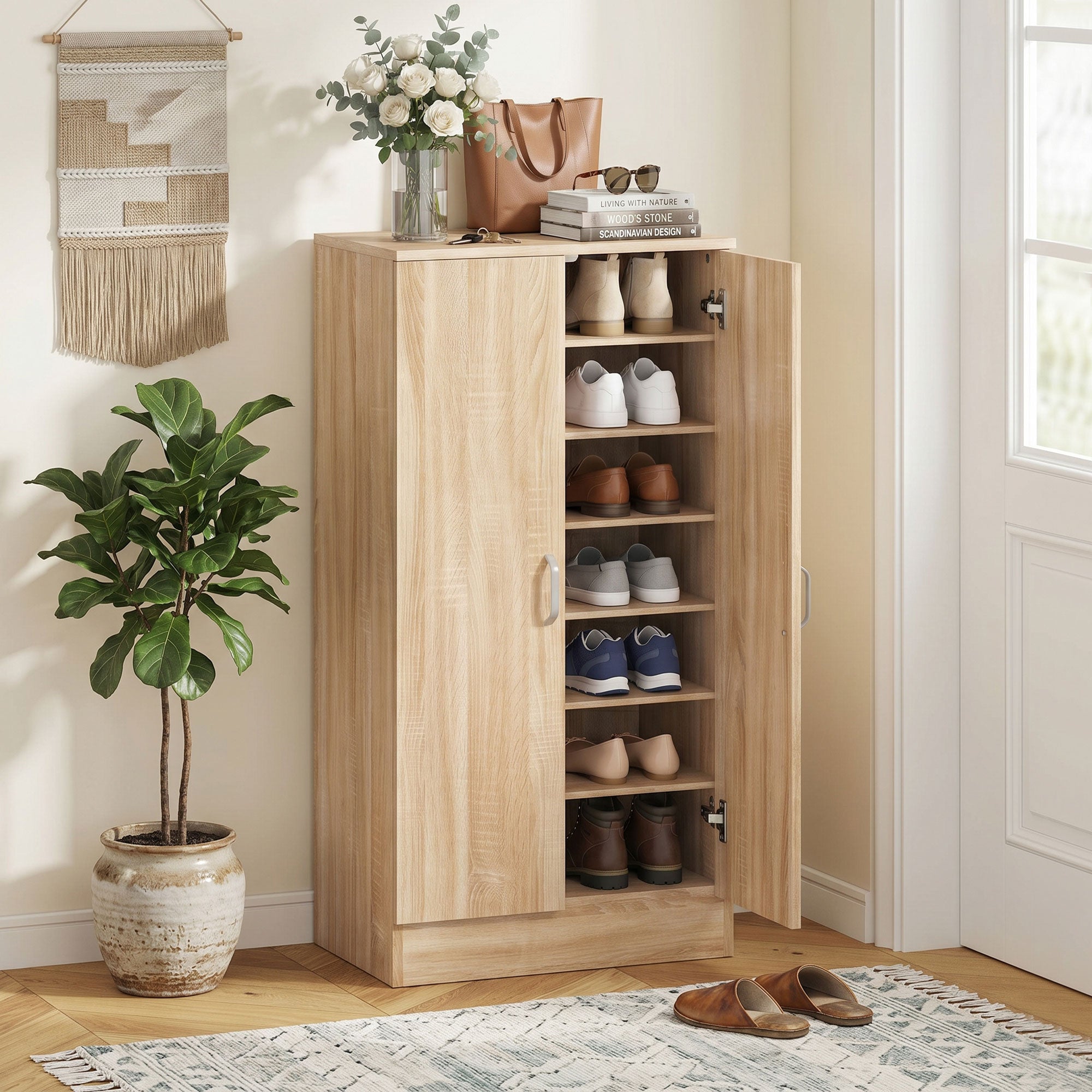 2-Door Shoe Cabinet with 6 Adjustable Shelves, Soft-Close Doors, Stores up to 14 Pairs, Natural Wood Finish (55 x 35 x 108 cm)