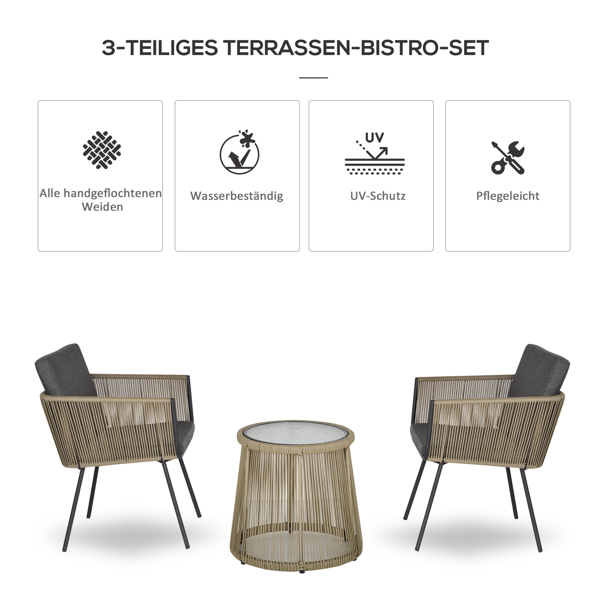 Poly Rattan Garden Furniture Set, Outdoor Balcony Furniture for 2 People, 3-piece Garden Furniture with 2 Chairs, Table Seat Cushions, Weatherproof Seating Group for Garden, Terrace Balcony, Gray