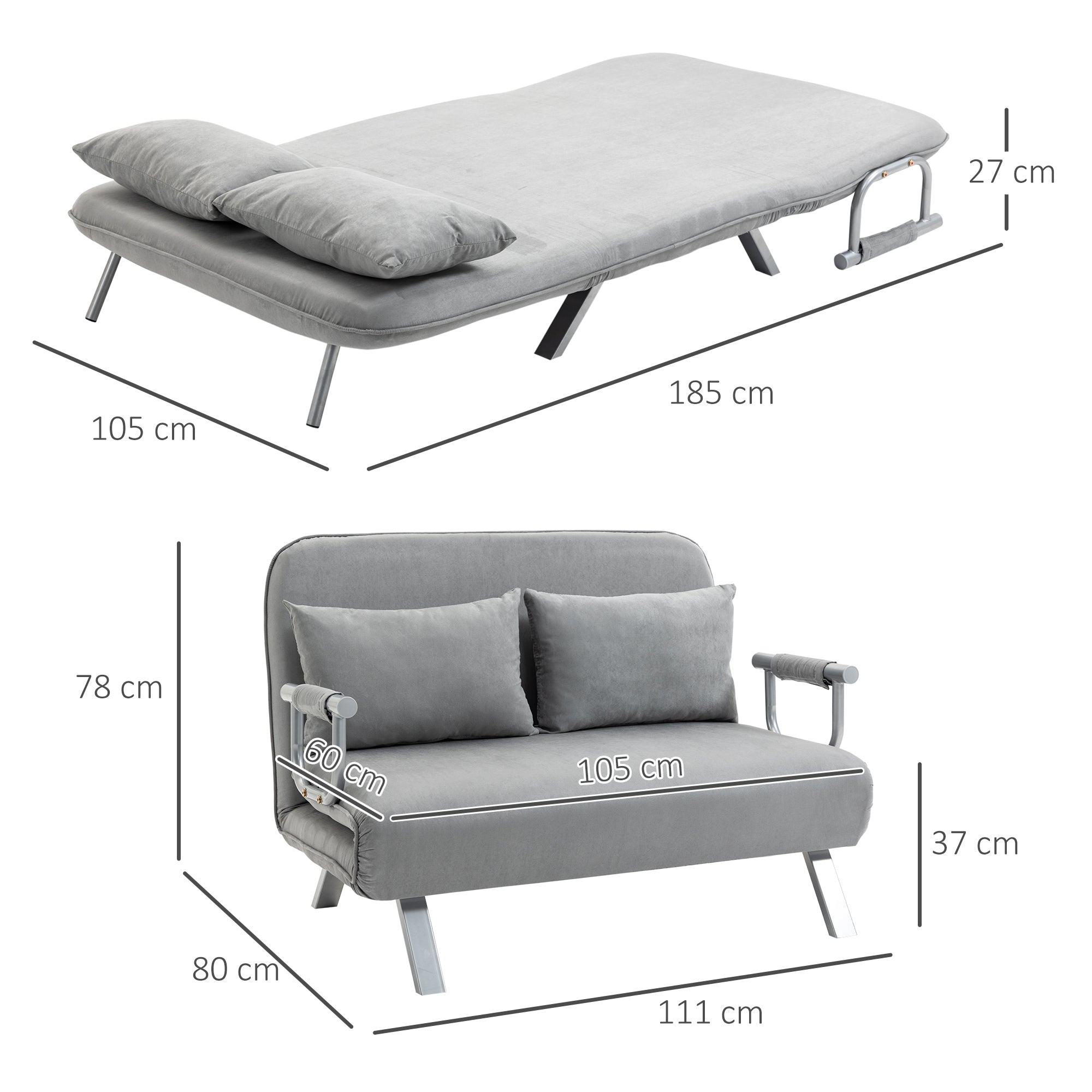 Sleeper Sofa Bed with Adjustable Backrest, Throw Pillows, Sofa Bed with Sleeping Function, Velvet Look, Armrest, Guest Bed, Folding Chair for Living Room, Bedroom, Light Grey