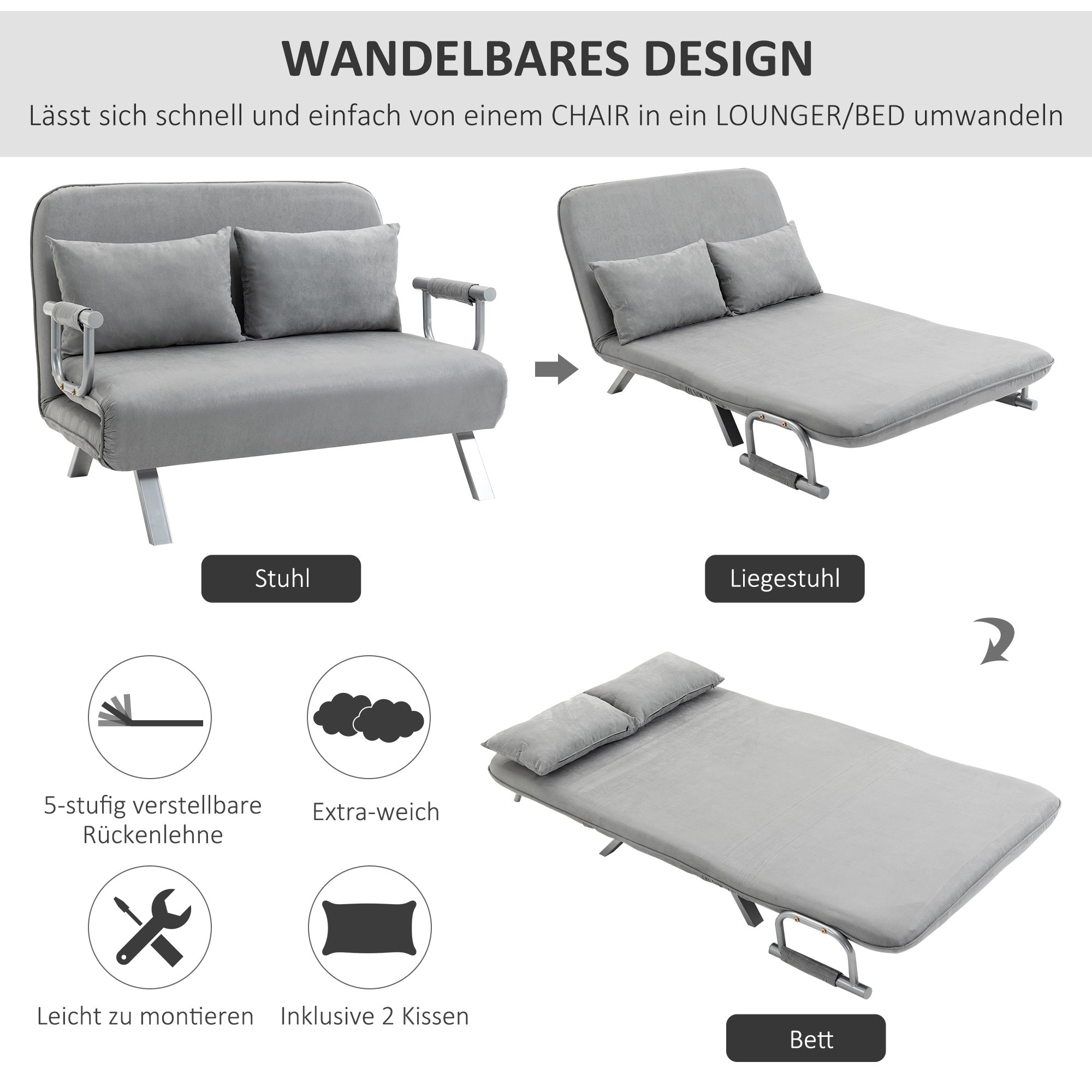 Sleeper Sofa Bed with Adjustable Backrest, Throw Pillows, Sofa Bed with Sleeping Function, Velvet Look, Armrest, Guest Bed, Folding Chair for Living Room, Bedroom, Light Grey