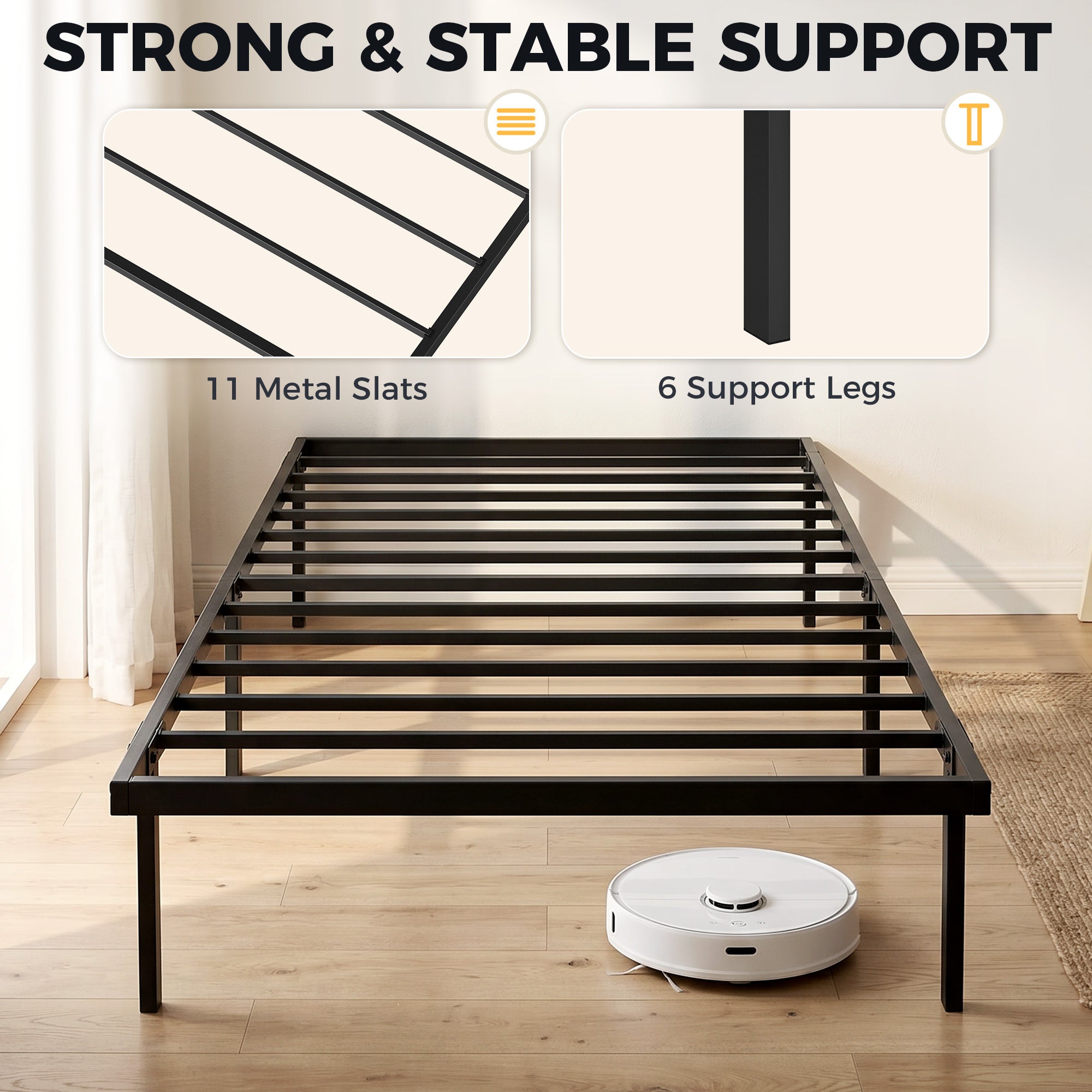 Metal Bed Frame with Under-Bed Storage, 14.0" Height, Quiet Design, No Slats Needed, Easy Assembly, 35.4 x 78.7 in (90 x 200 cm), Black