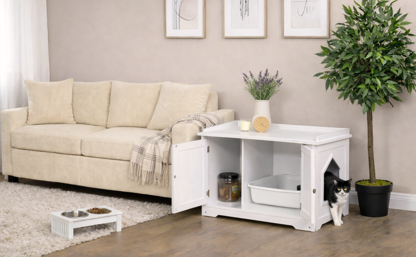 White pet crate inside a living room with a cat inside, surrounded by furniture and decor.