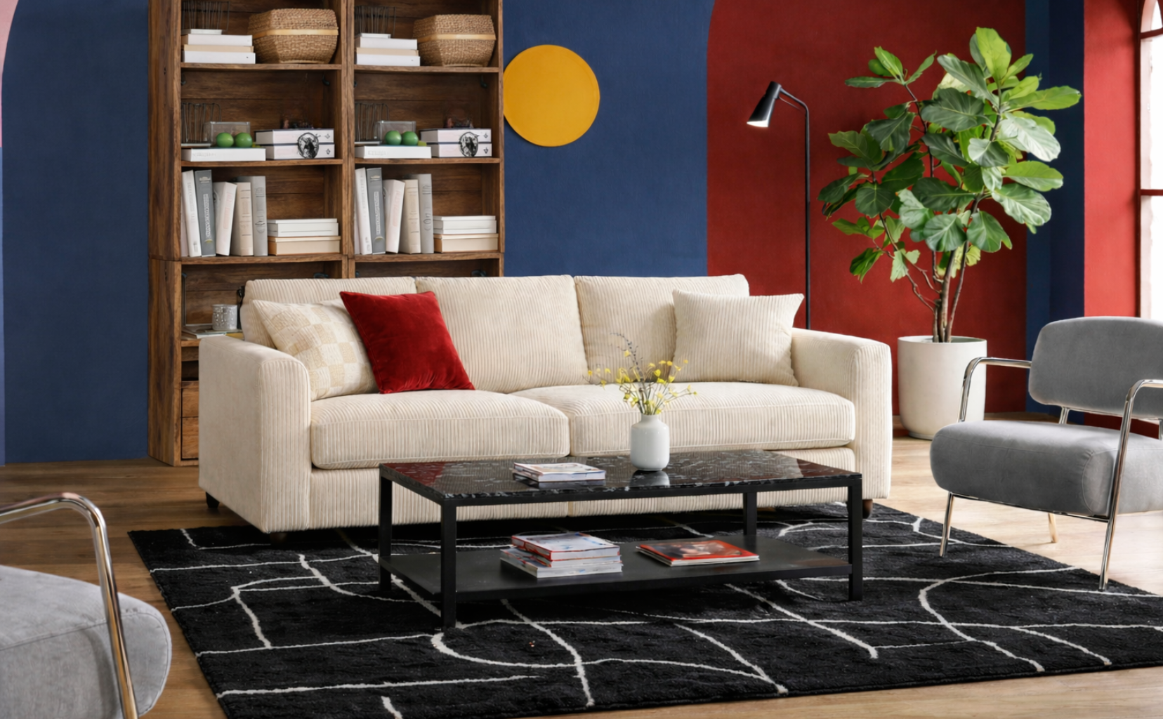 Modern living room with a beige sofa, coffee table, and bookshelf.