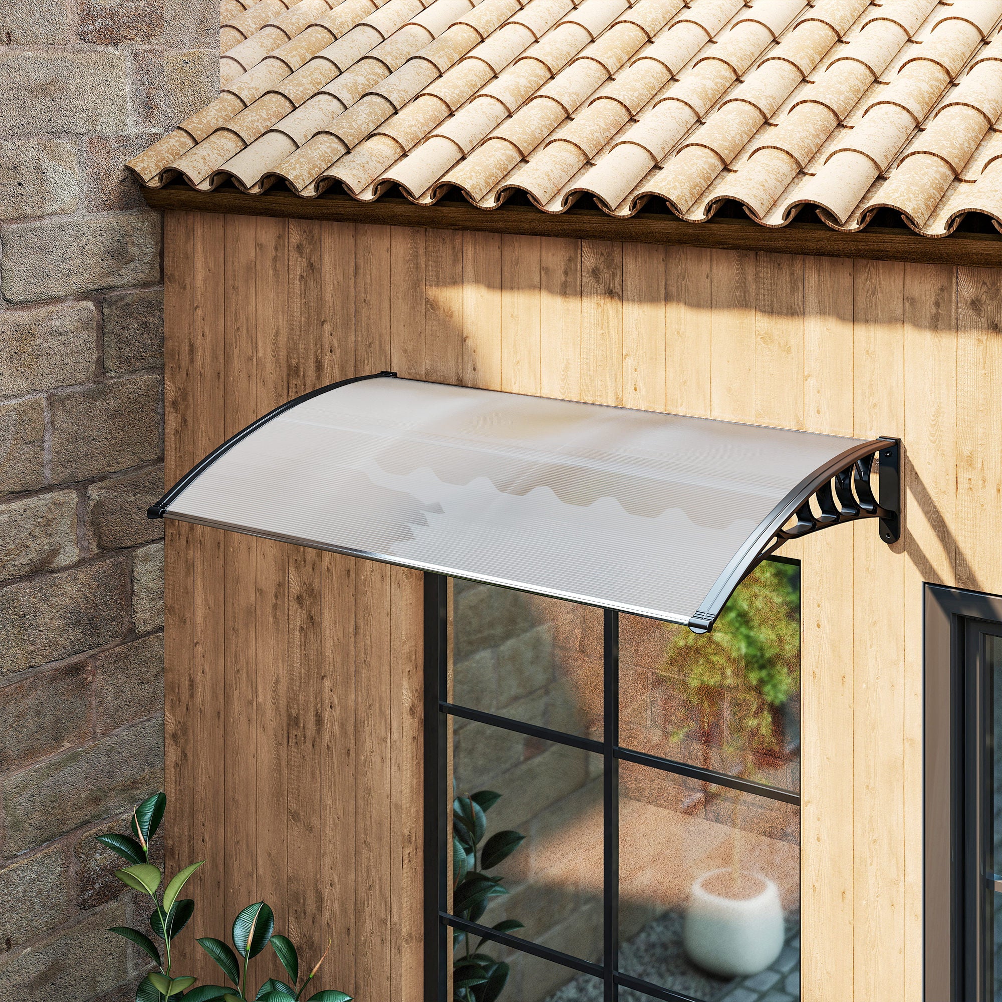 Front Door Canopy 90 x 150 cm Polycarbonate Door Canopy, Sloping Arch Canopy with UV Protection, Sunshade Rain Protection for Outdoor, White
