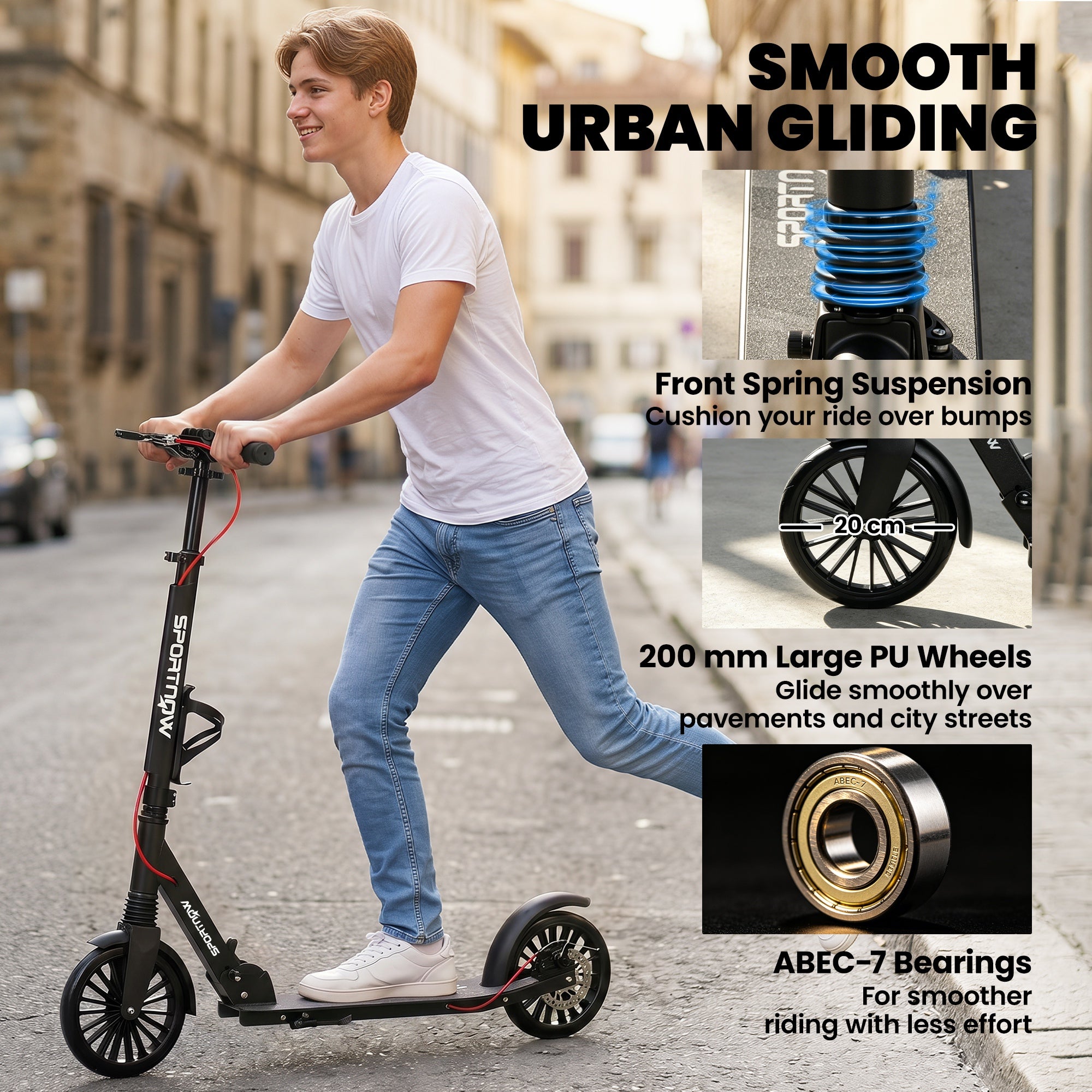 SPORTNOW Adjustable & Folding Aluminum City Scooter — 8" PU Wheels, ABEC-7 Bearings, Dual Brakes, Cup Holder — Up to 220 lb