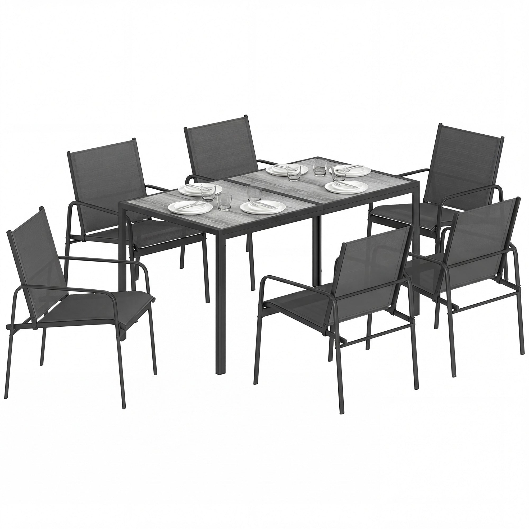 7-Piece Outdoor Dining Set – Wood-Effect Table & 6 Breathable Mesh Chairs, Galvanized Steel Frame, Black