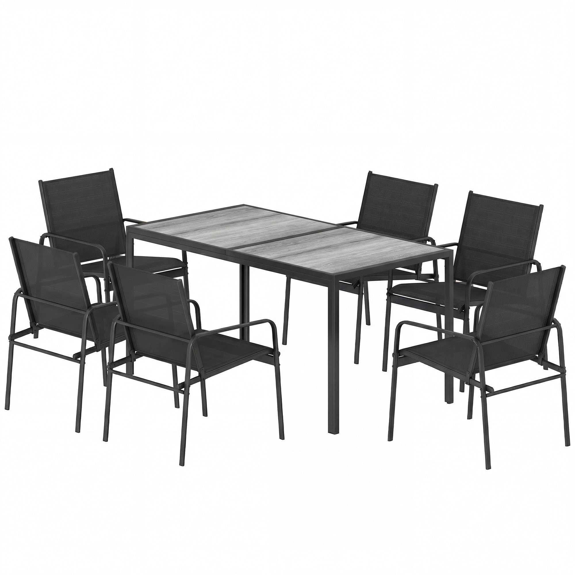 7-Piece Outdoor Dining Set – Wood-Effect Table & 6 Breathable Mesh Chairs, Galvanized Steel Frame, Black