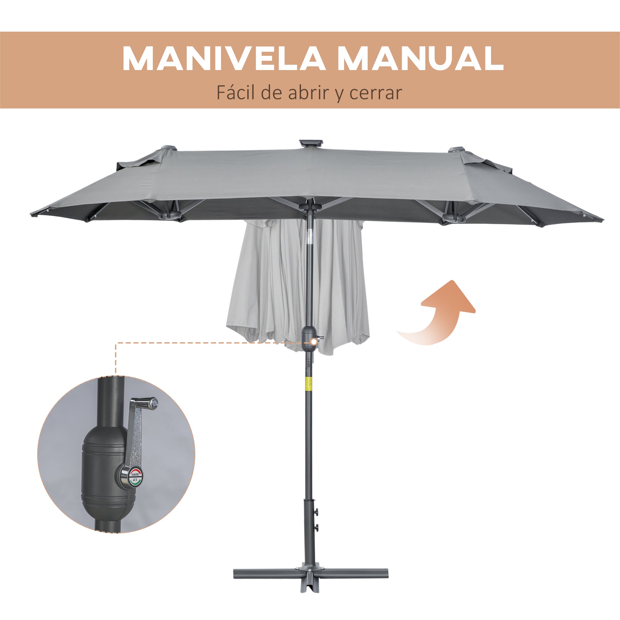 Double Umbrella 295x150x219 cm Garden Umbrella with Solar LED Lights Adjustable Tilt Roof and Manual Crank for Patio Pool Beach Gray