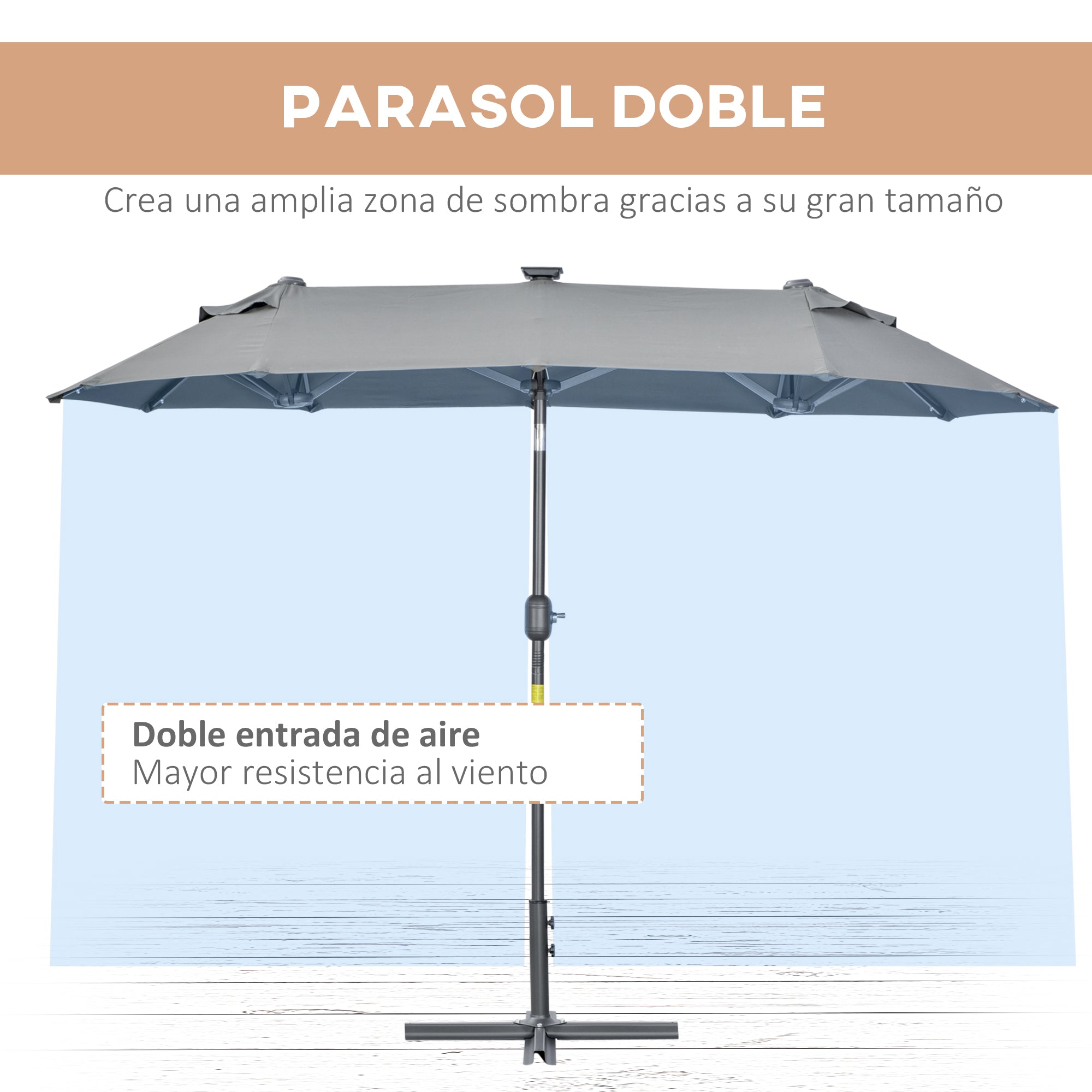 Double Umbrella 295x150x219 cm Garden Umbrella with Solar LED Lights Adjustable Tilt Roof and Manual Crank for Patio Pool Beach Gray