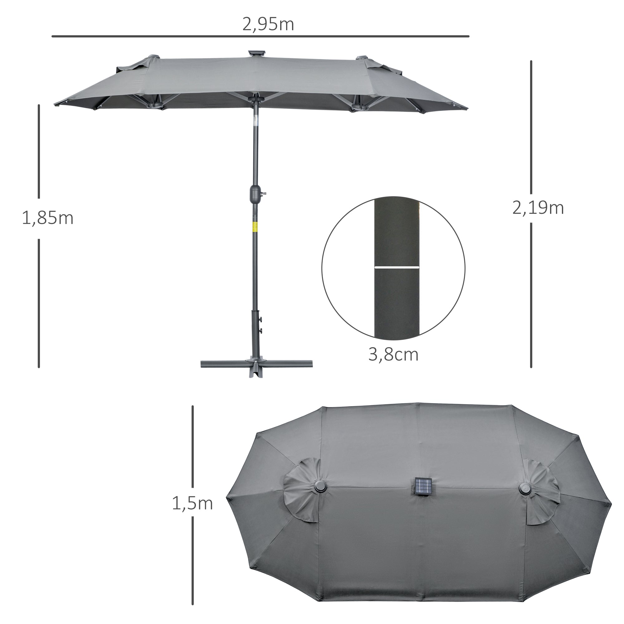Double Umbrella 295x150x219 cm Garden Umbrella with Solar LED Lights Adjustable Tilt Roof and Manual Crank for Patio Pool Beach Gray