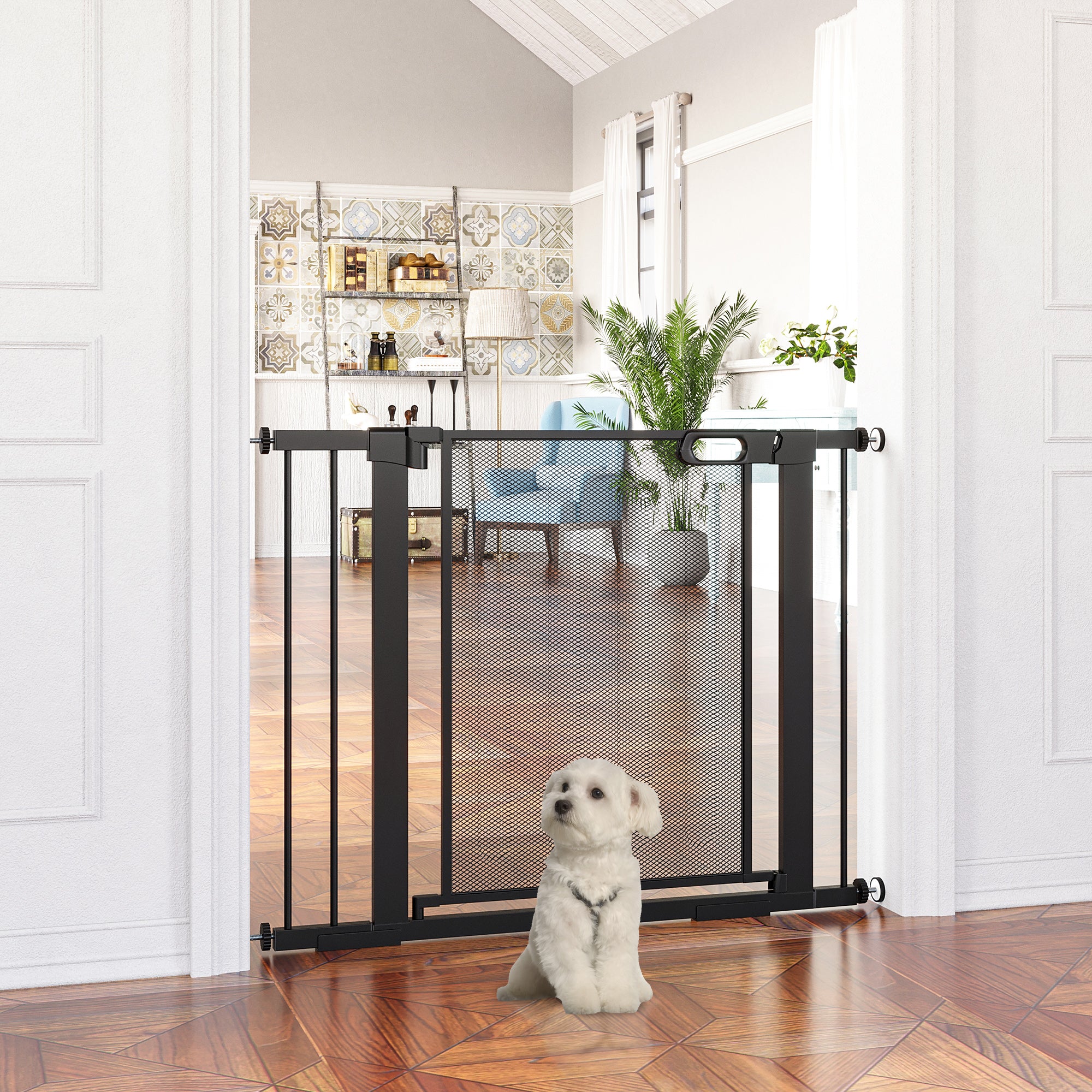 Dog Door Guard, Stair Gate, Dog Guard without Drilling, 75-103 cm Width Barrier, Auto-Close, for Children, Cats, Steel, Black