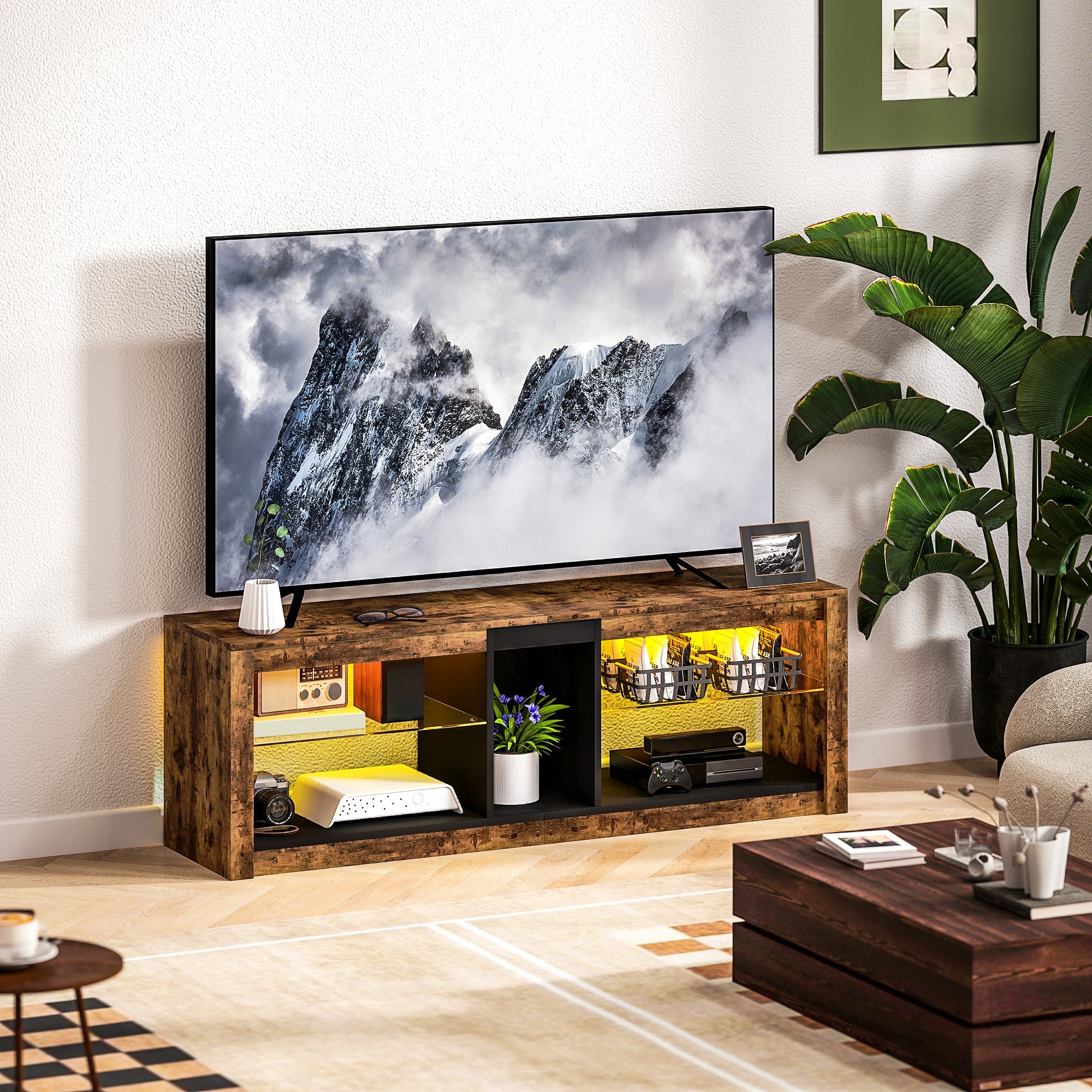 TV Stand with LED Lights and Remote Control, TV Cabinet for TVs up to 65 Inches with Shelves and Open Compartments, for Living Room Bedroom, 140x35x47cm, Brown