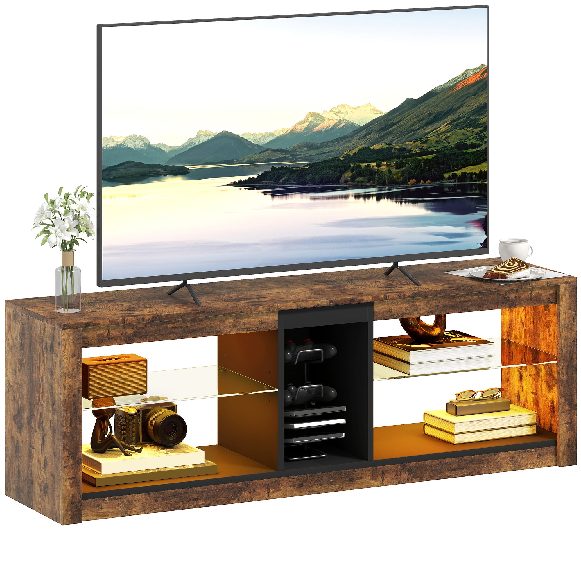 TV Stand with LED Lights and Remote Control, TV Cabinet for TVs up to 65 Inches with Shelves and Open Compartments, for Living Room Bedroom, 140x35x47cm, Brown