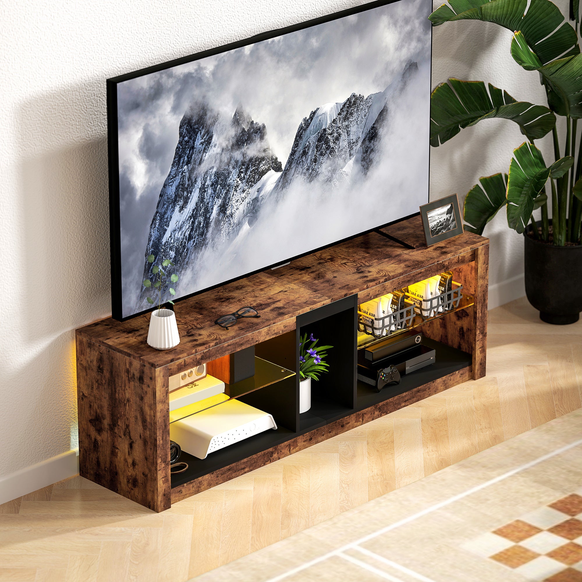 TV Stand with LED Lights and Remote Control, TV Cabinet for TVs up to 65 Inches with Shelves and Open Compartments, for Living Room Bedroom, 140x35x47cm, Brown