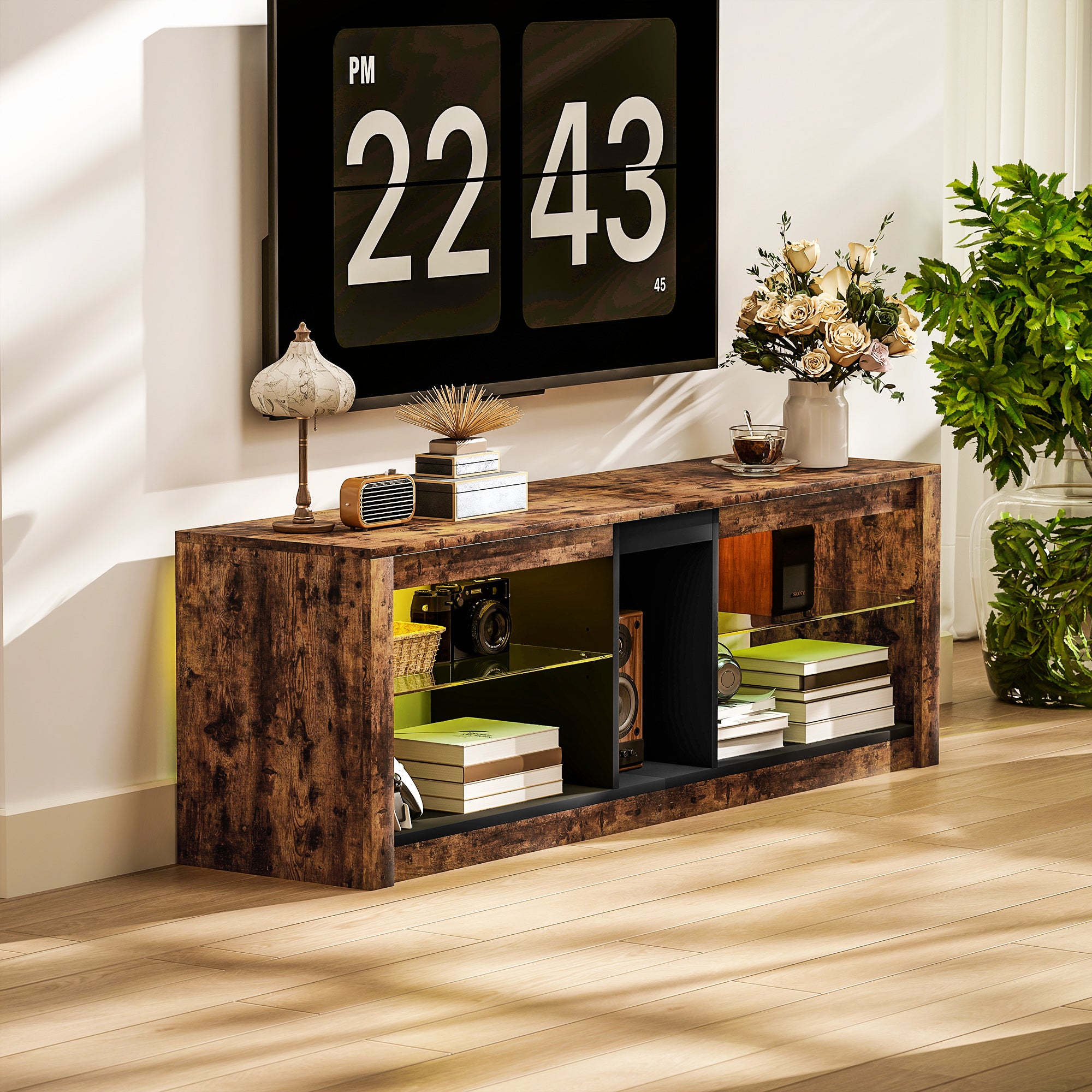 TV Stand with LED Lights and Remote Control, TV Cabinet for TVs up to 65 Inches with Shelves and Open Compartments, for Living Room Bedroom, 140x35x47cm, Brown