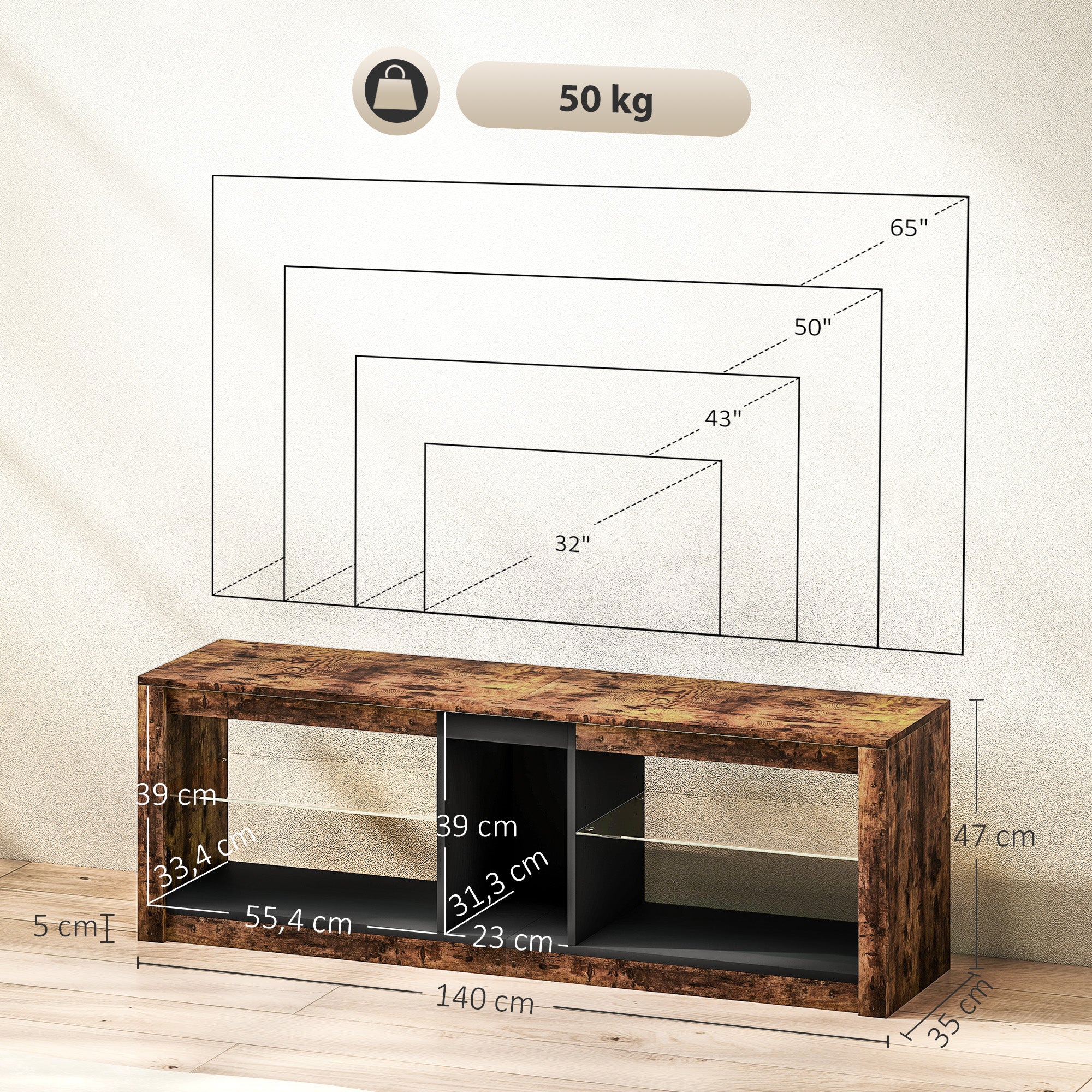 TV Stand with LED Lights and Remote Control, TV Cabinet for TVs up to 65 Inches with Shelves and Open Compartments, for Living Room Bedroom, 140x35x47cm, Brown