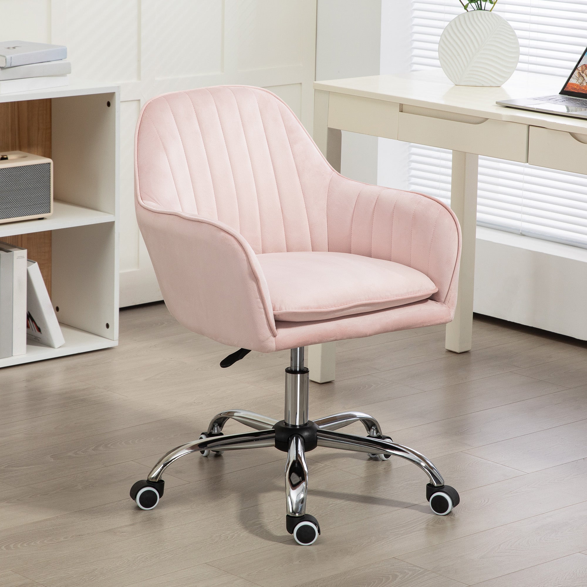 Height Adjustable Desk Chair Swivel Home Office Chair with Back and Armrest Velvet Makeup Chair for Study, Pink