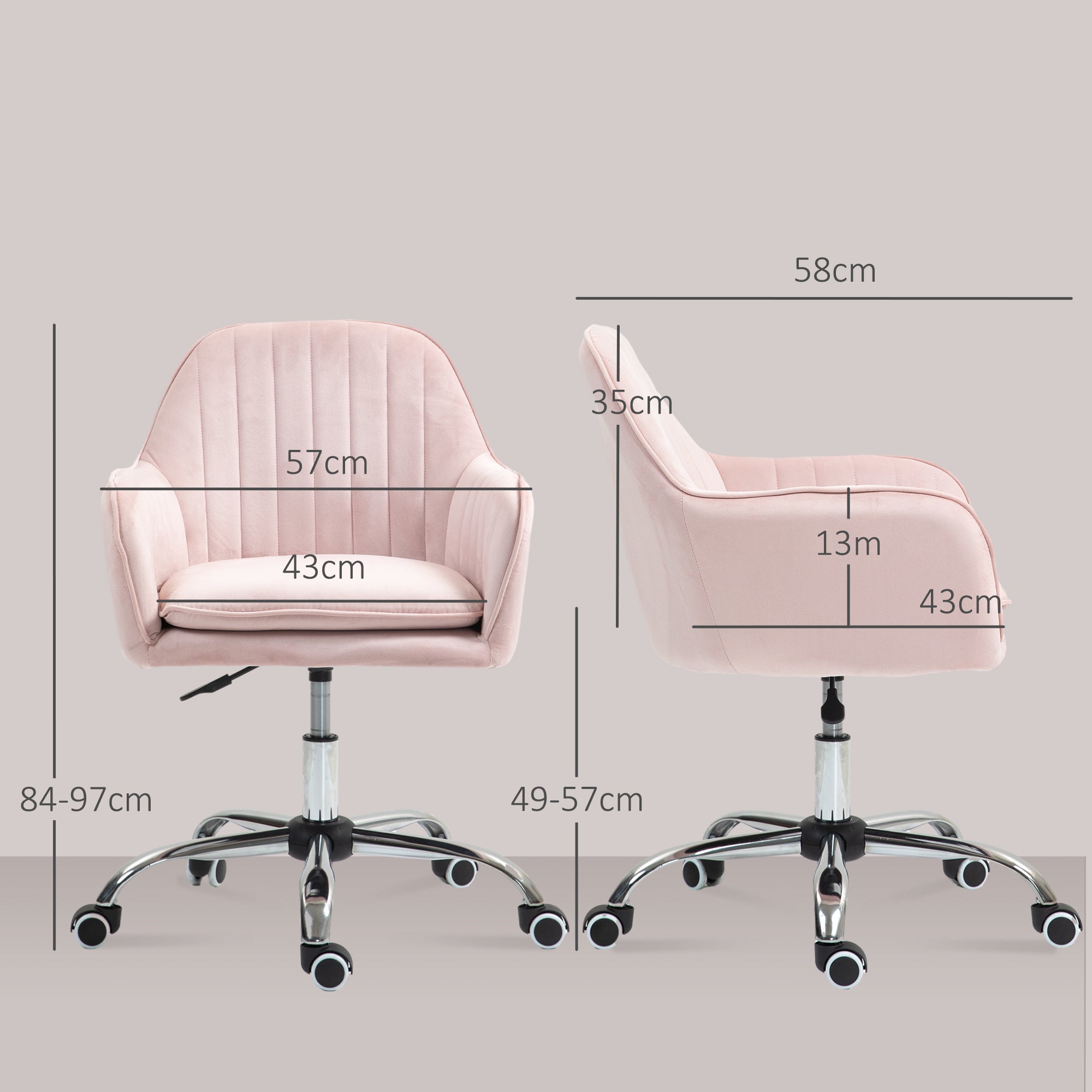 Height Adjustable Desk Chair Swivel Home Office Chair with Back and Armrest Velvet Makeup Chair for Study, Pink
