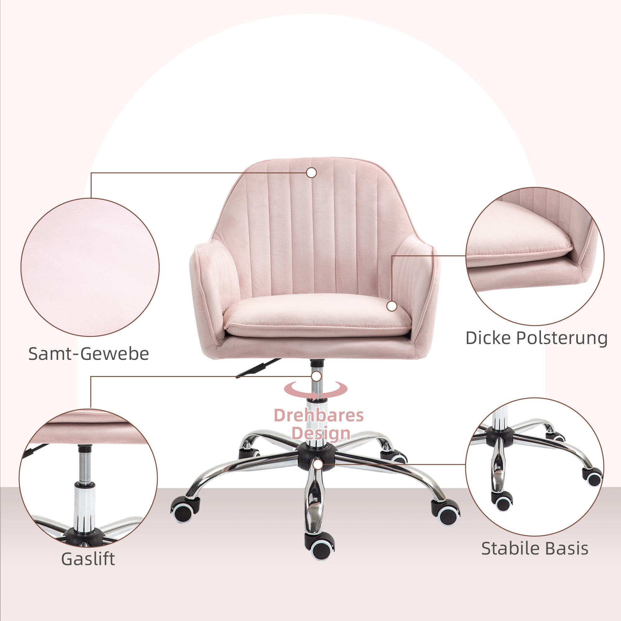 Height Adjustable Desk Chair Swivel Home Office Chair with Back and Armrest Velvet Makeup Chair for Study, Pink
