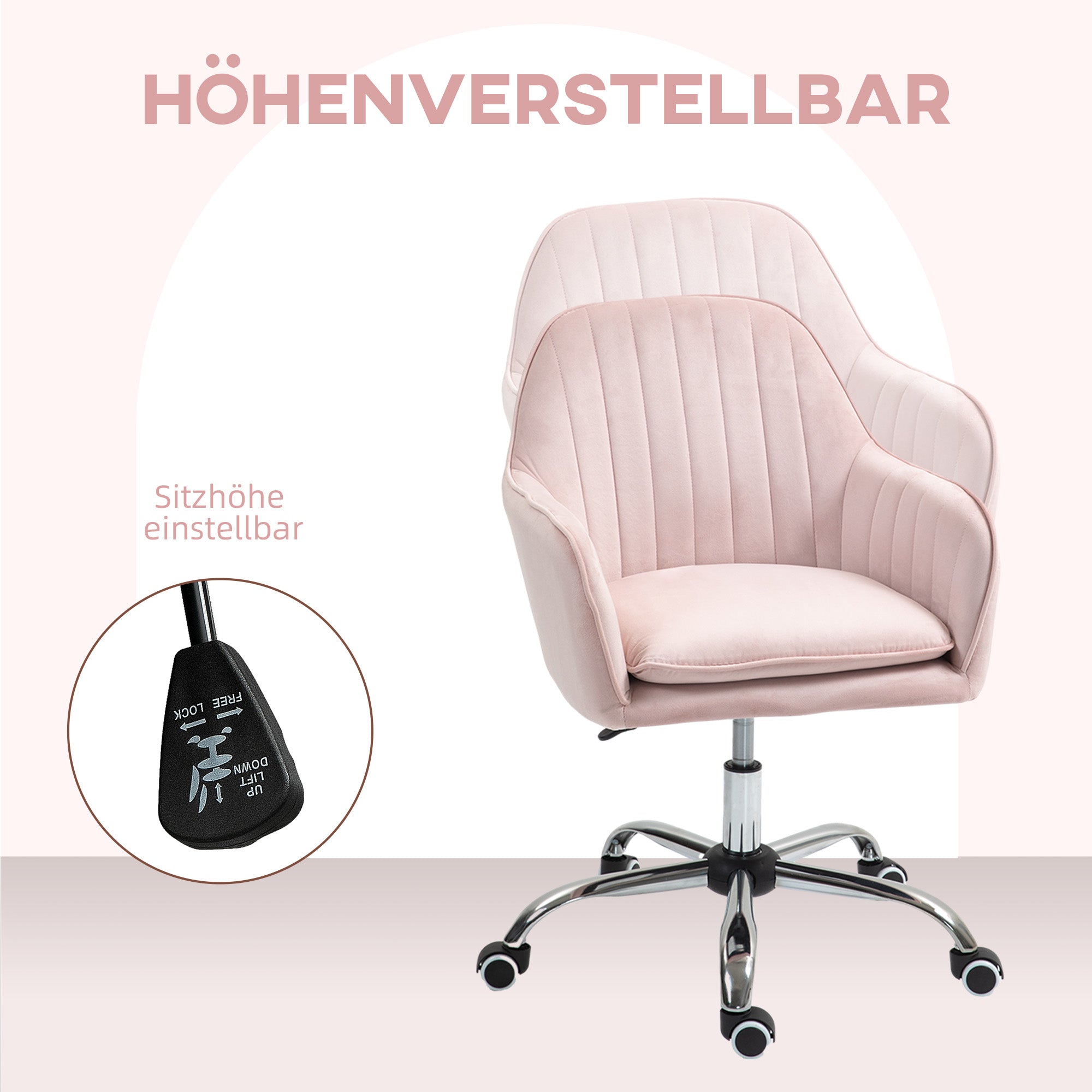 Height Adjustable Desk Chair Swivel Home Office Chair with Back and Armrest Velvet Makeup Chair for Study, Pink