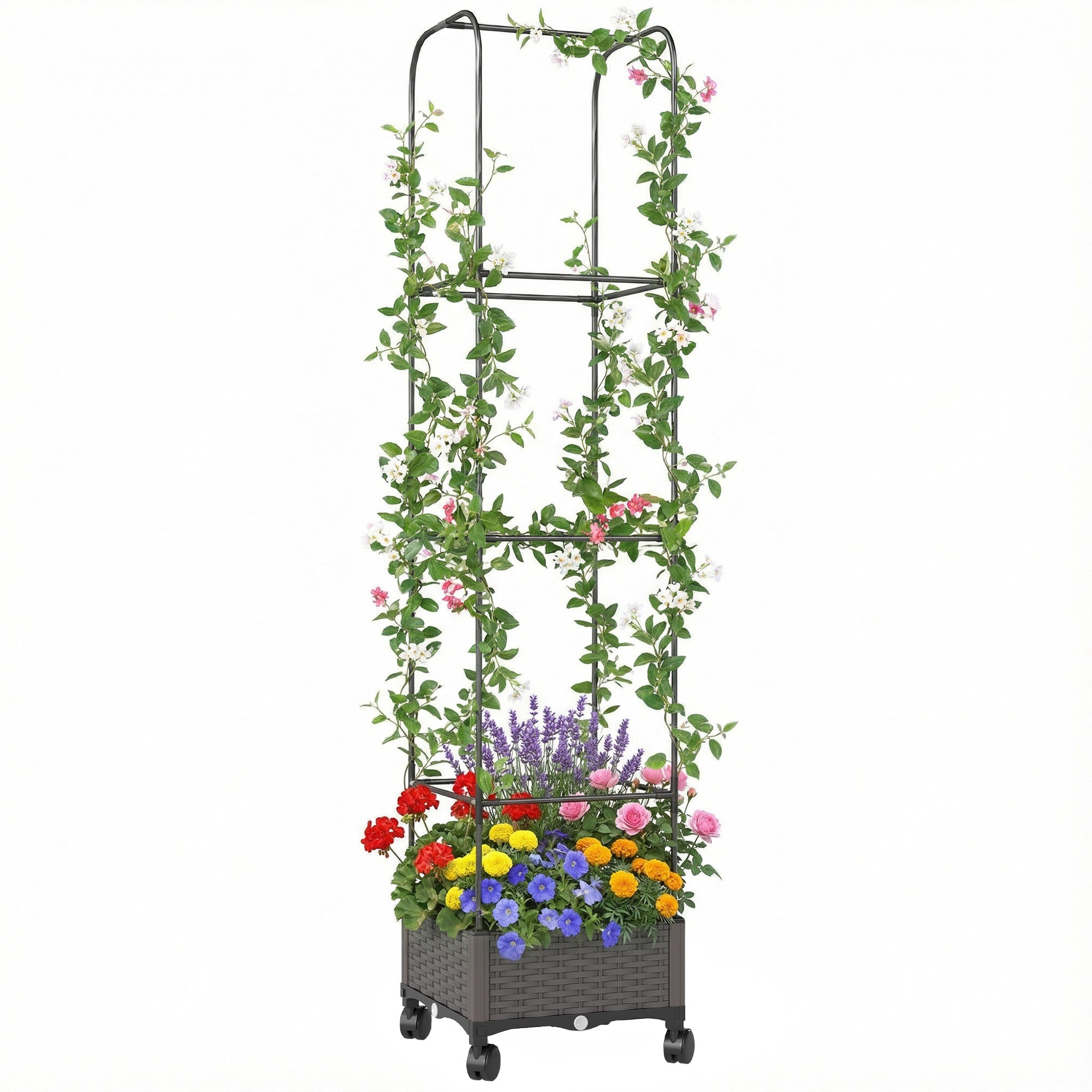 Raised Planter with Trellis, Mobile Planter on Wheels with Drain Hole, Plastic Trough for Climbing Plants, 15.7 x 15.7 x 72.8 in