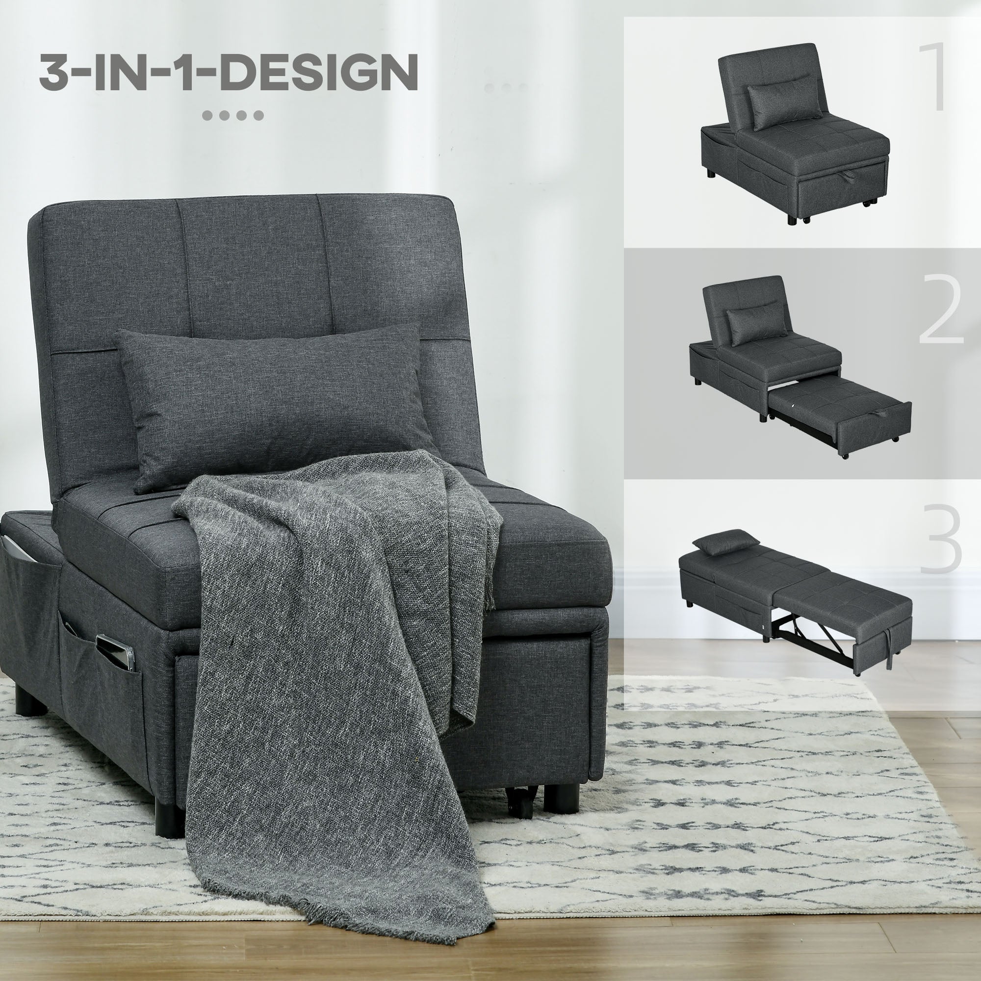 3-in-1 Sleeper Chair with Bed Function, Pull-Out Sofa Bed, Sleep Chair with Side Pocket, Adjustable Backrest, Holds up to 150 kg, for Living Room, Bedroom, Gray