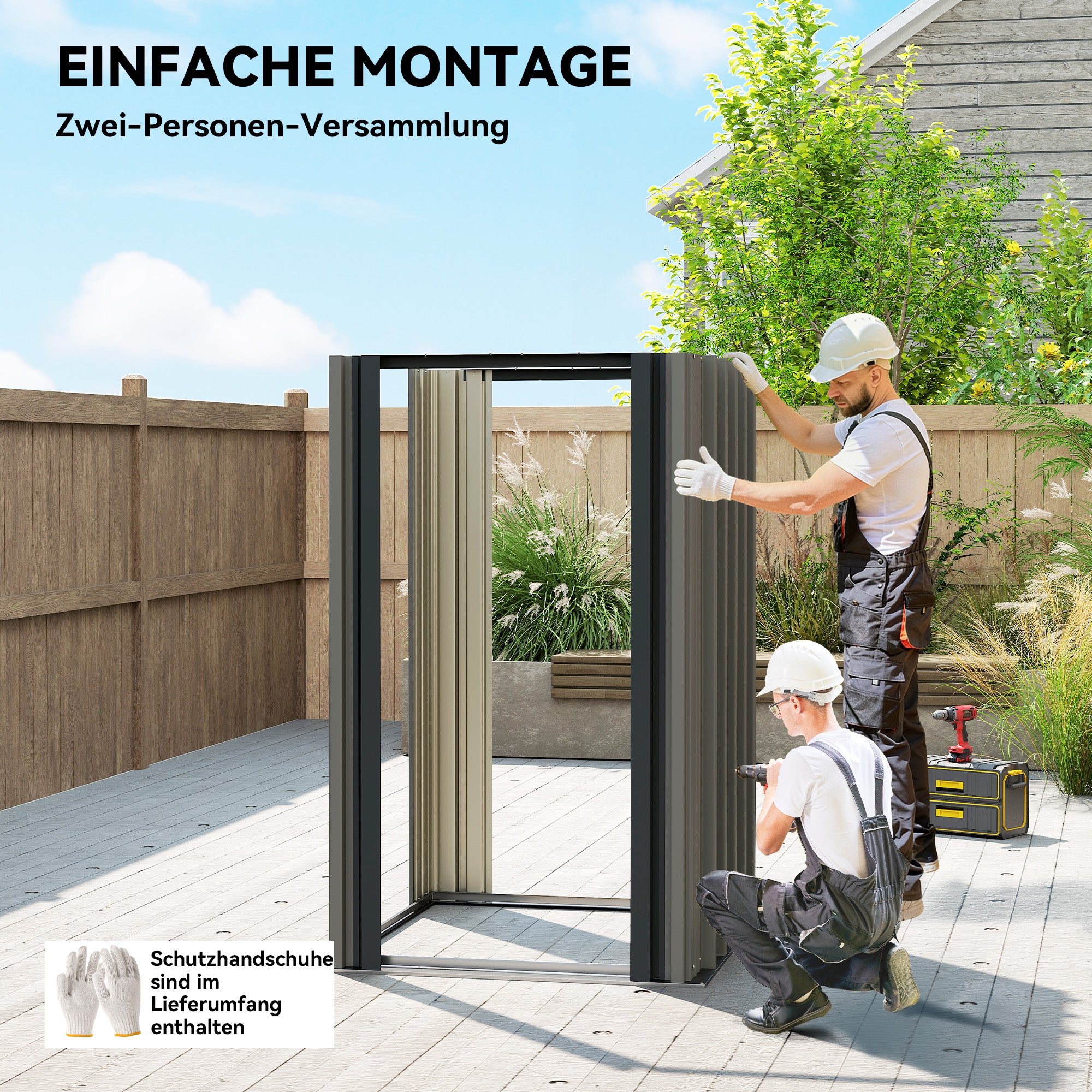 Galvanized Metal Garden Shed, 1.17 m² (12.6 ft²) – Ventilated, Lockable Storage with Gable Roof, Gloves Included, Light Gray