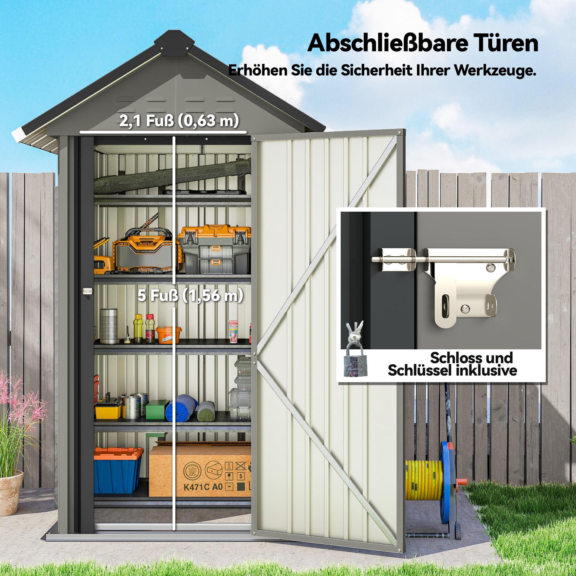 Galvanized Metal Garden Shed, 1.17 m² (12.6 ft²) – Ventilated, Lockable Storage with Gable Roof, Gloves Included, Light Gray