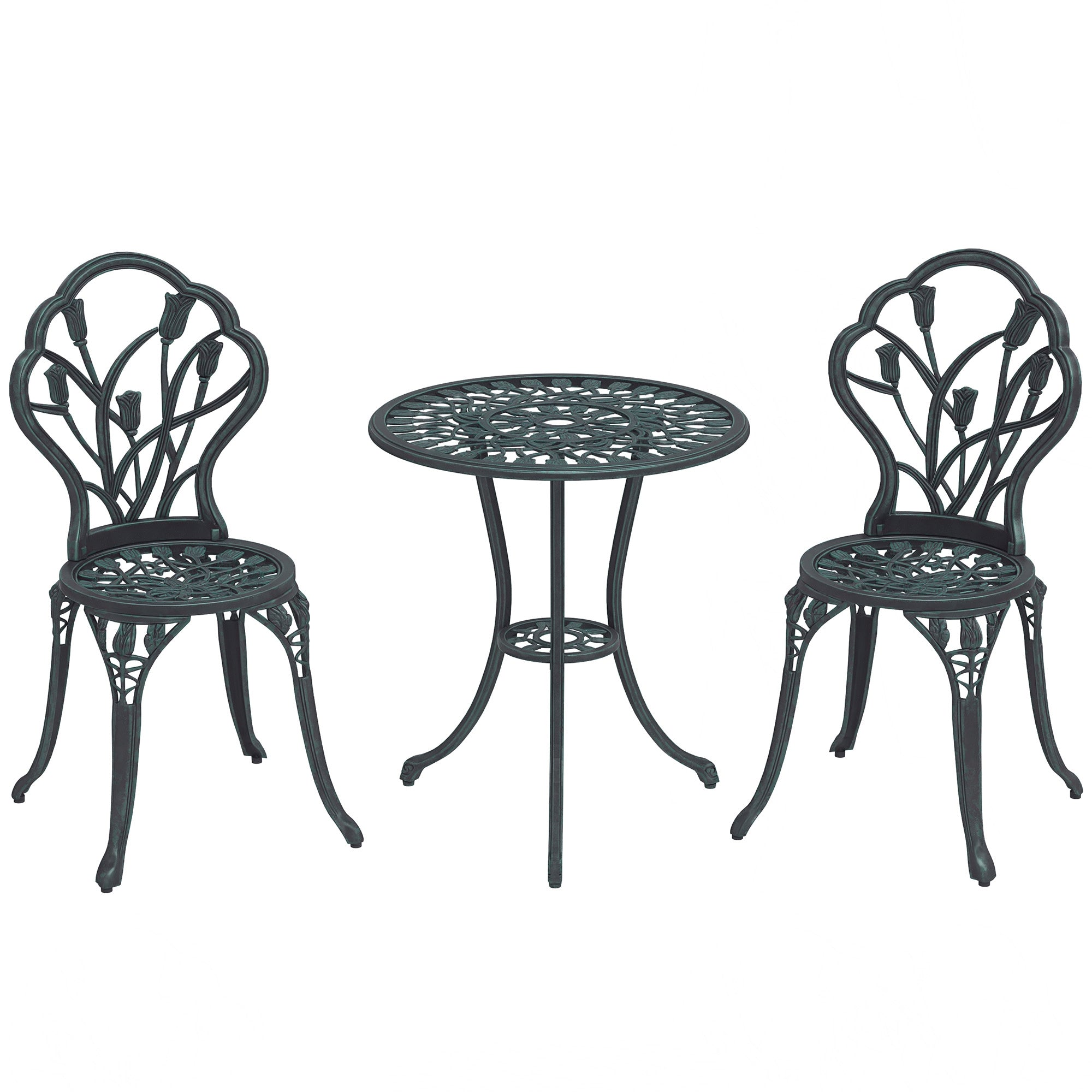 2-Seater Garden Lounge Set 2 Chairs + Round Table Cast Aluminum Imitation Wrought Iron Green
