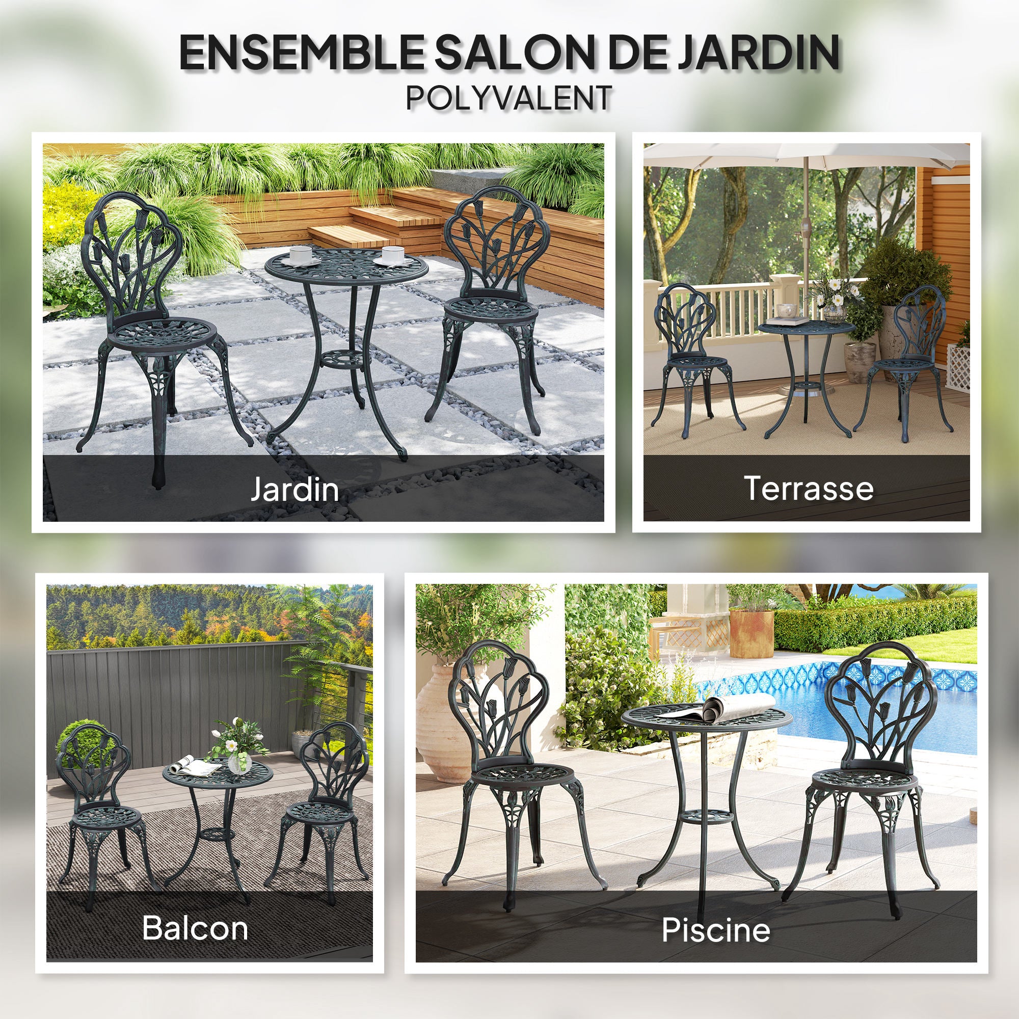 2-Seater Garden Lounge Set 2 Chairs + Round Table Cast Aluminum Imitation Wrought Iron Green