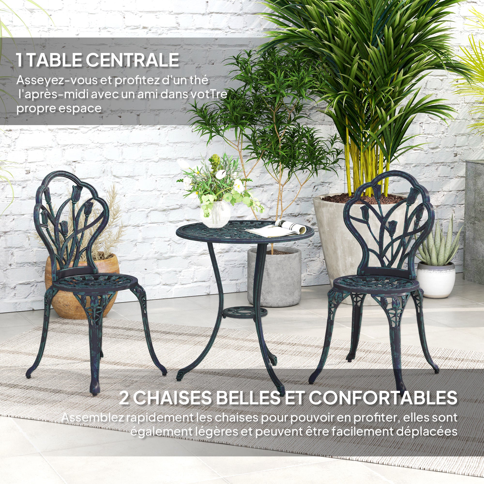 2-Seater Garden Lounge Set 2 Chairs + Round Table Cast Aluminum Imitation Wrought Iron Green