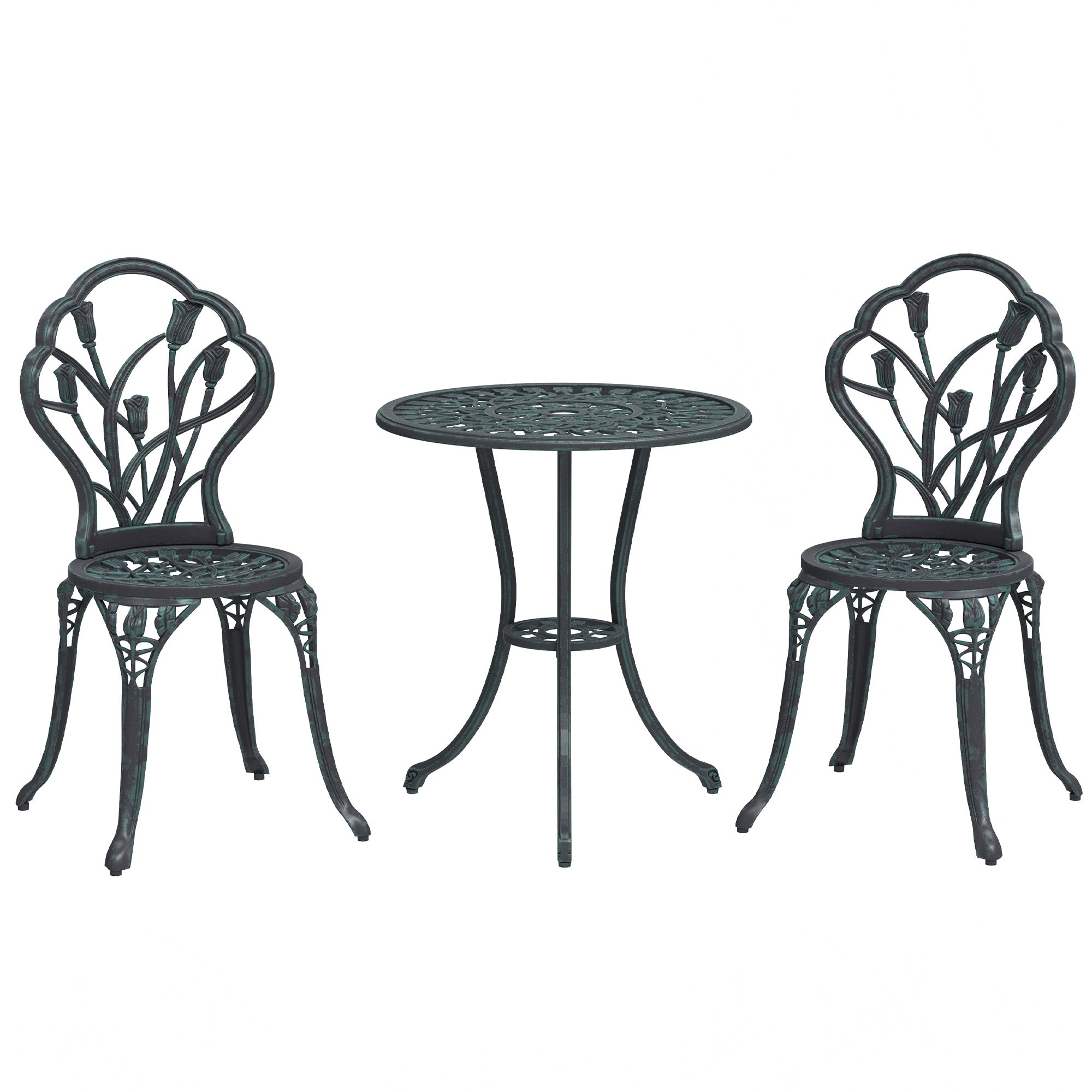 2-Seater Garden Lounge Set 2 Chairs + Round Table Cast Aluminum Imitation Wrought Iron Green
