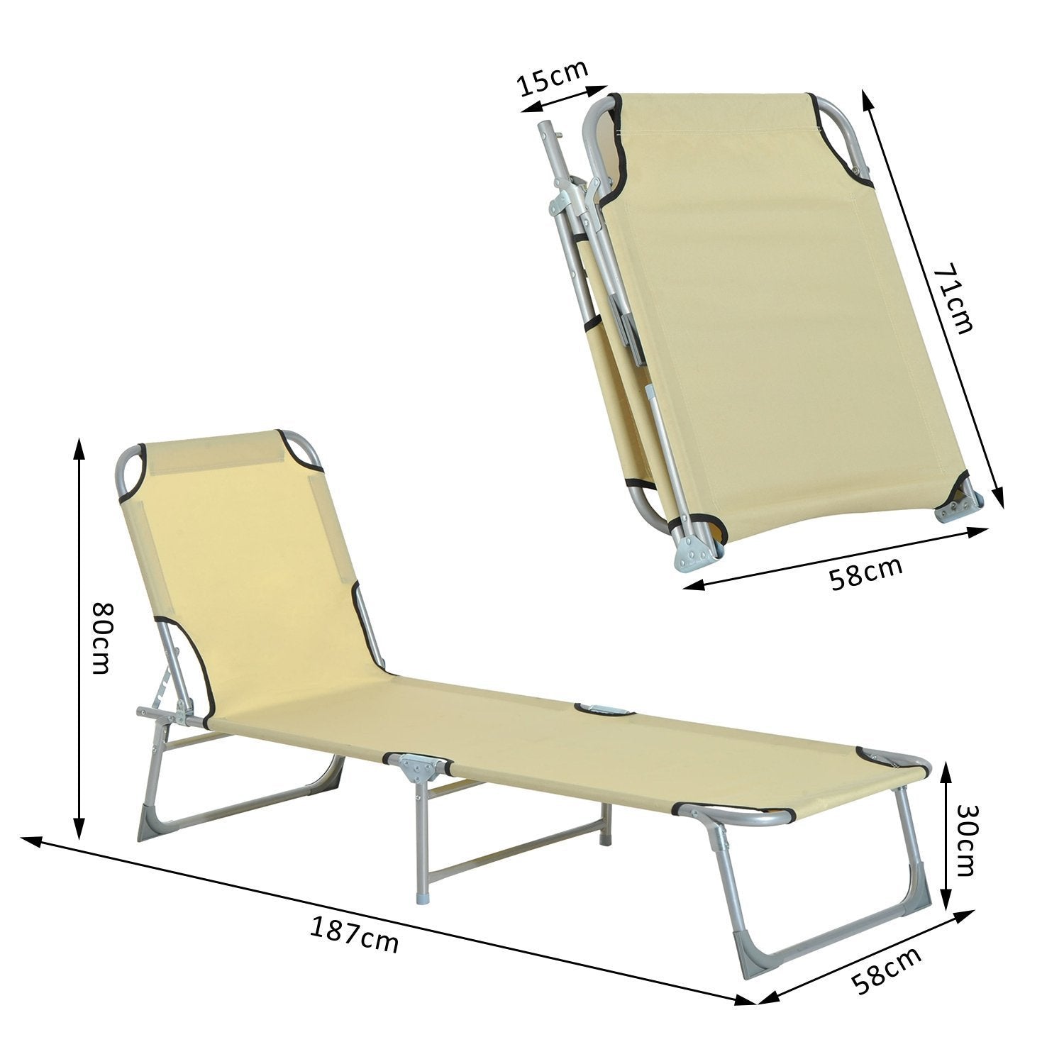 Folding Camping Bed Lounge Chair with 4-Level Adjustable Backrest 120kg Weight Capacity for Beach Garden Pool Hiking 187x58x28 cm Beige