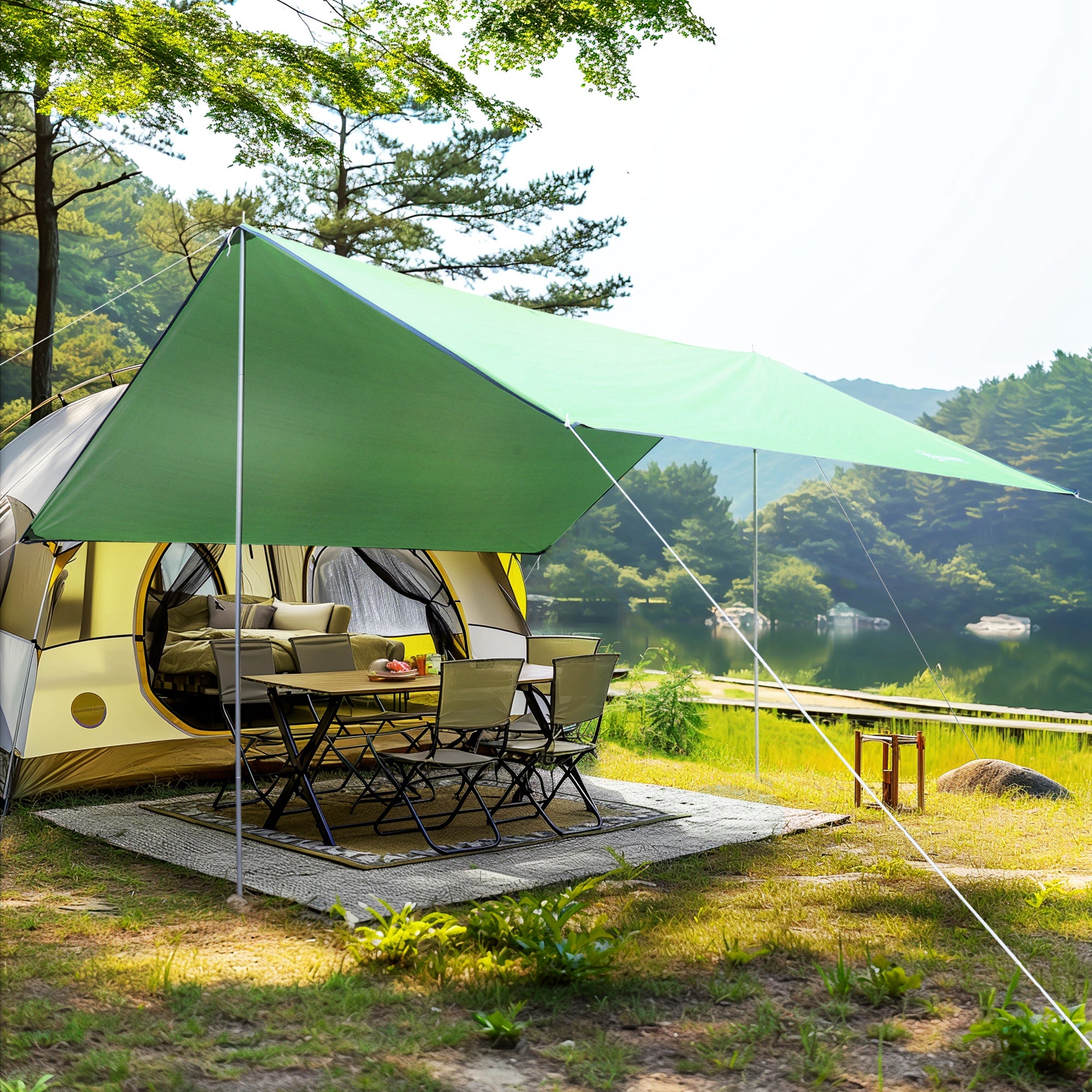 Portable Green 3x3m Double Beach Tent, UV Protection, Parasol Awning for Camping, Picnic, Waterproof Shade Tarp with Carrying Bag