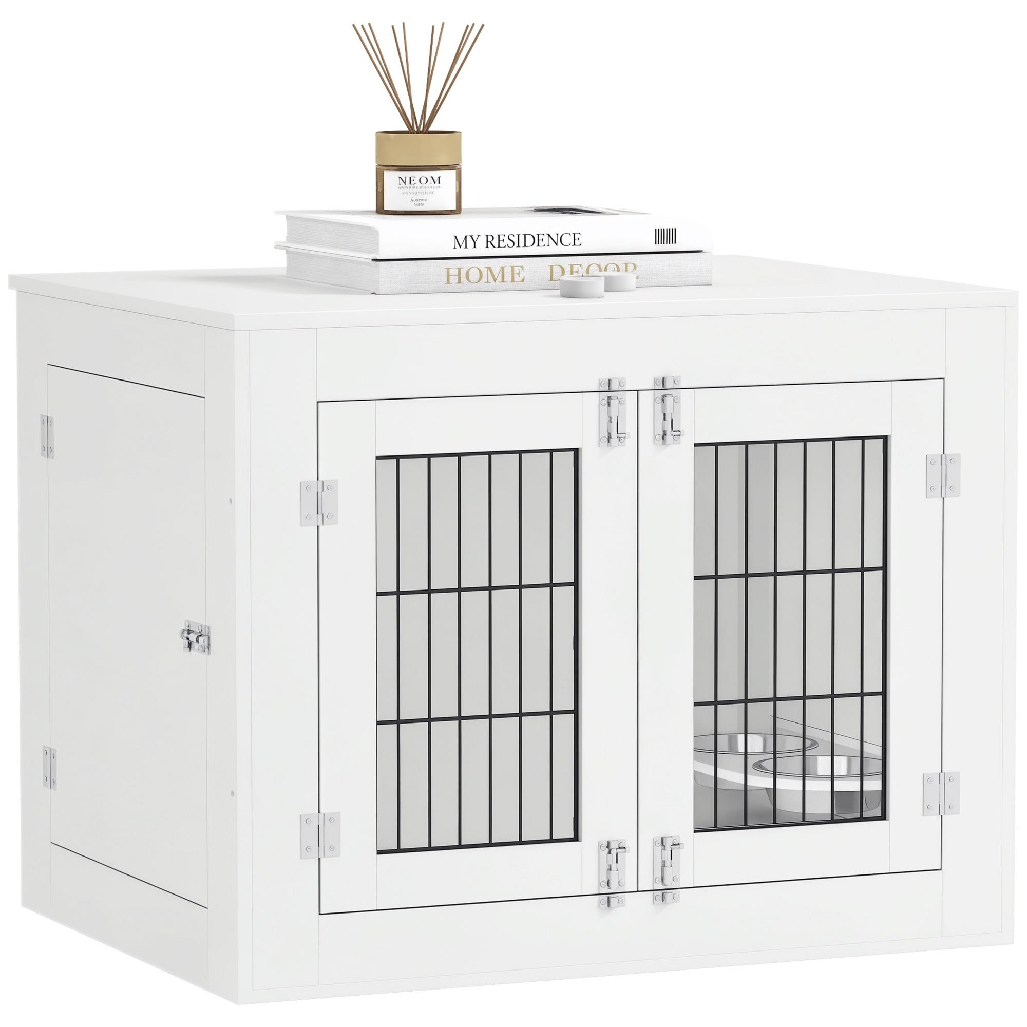 Indoor Dog Crate, Wooden Dog Crate, 2 Rotating 360° Bowls, 2 Doors, Side Table, for Medium-Sized Dogs up to 20 kg, 80 x 60 x 63 cm, White