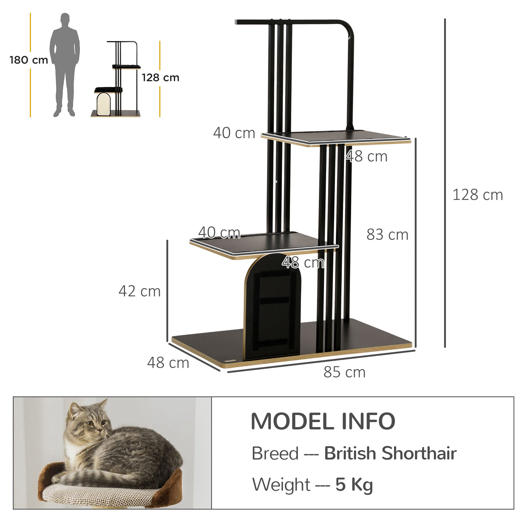 Cat Tree 128 cm Cat Scratching Tree with Cushions Climbing Tree with Scratching Board, Cat Scratcher with 2 Platforms, Cat Furniture, Steel, Black