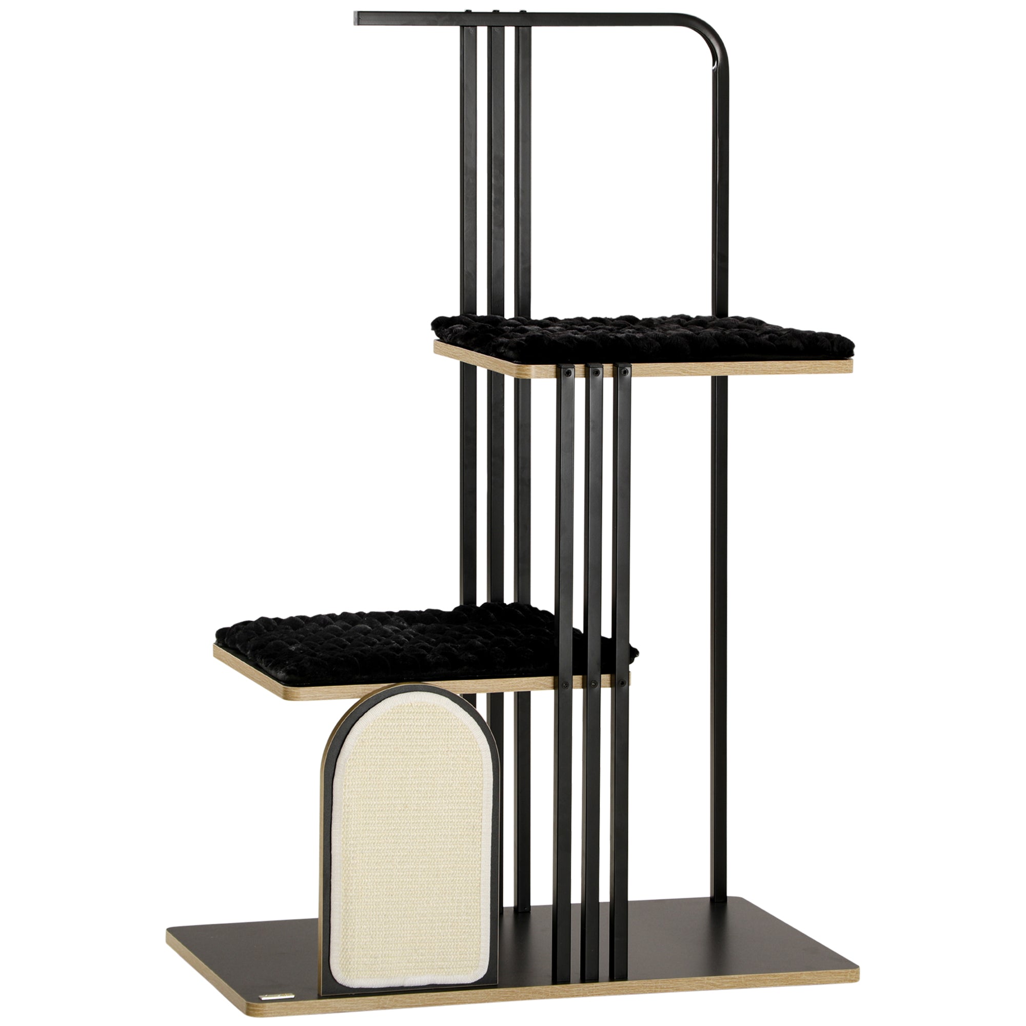 Cat Tree 128 cm Cat Scratching Tree with Cushions Climbing Tree with Scratching Board, Cat Scratcher with 2 Platforms, Cat Furniture, Steel, Black