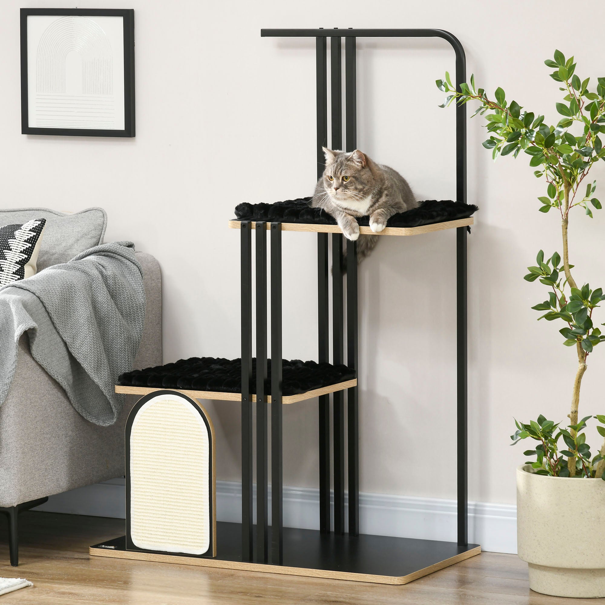 Cat Tree 128 cm Cat Scratching Tree with Cushions Climbing Tree with Scratching Board, Cat Scratcher with 2 Platforms, Cat Furniture, Steel, Black