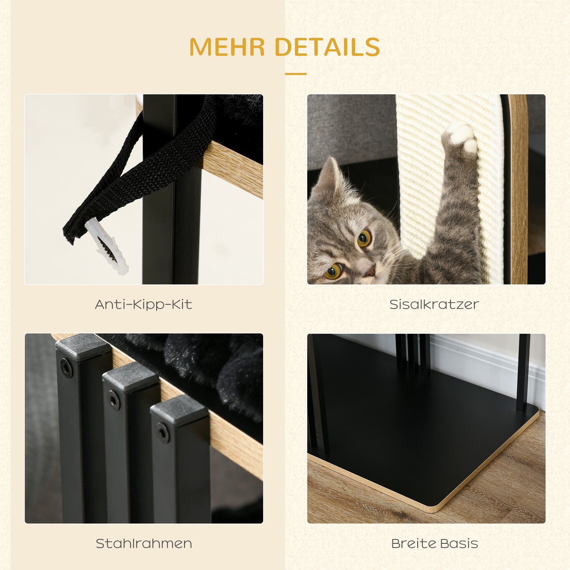 Cat Tree 128 cm Cat Scratching Tree with Cushions Climbing Tree with Scratching Board, Cat Scratcher with 2 Platforms, Cat Furniture, Steel, Black