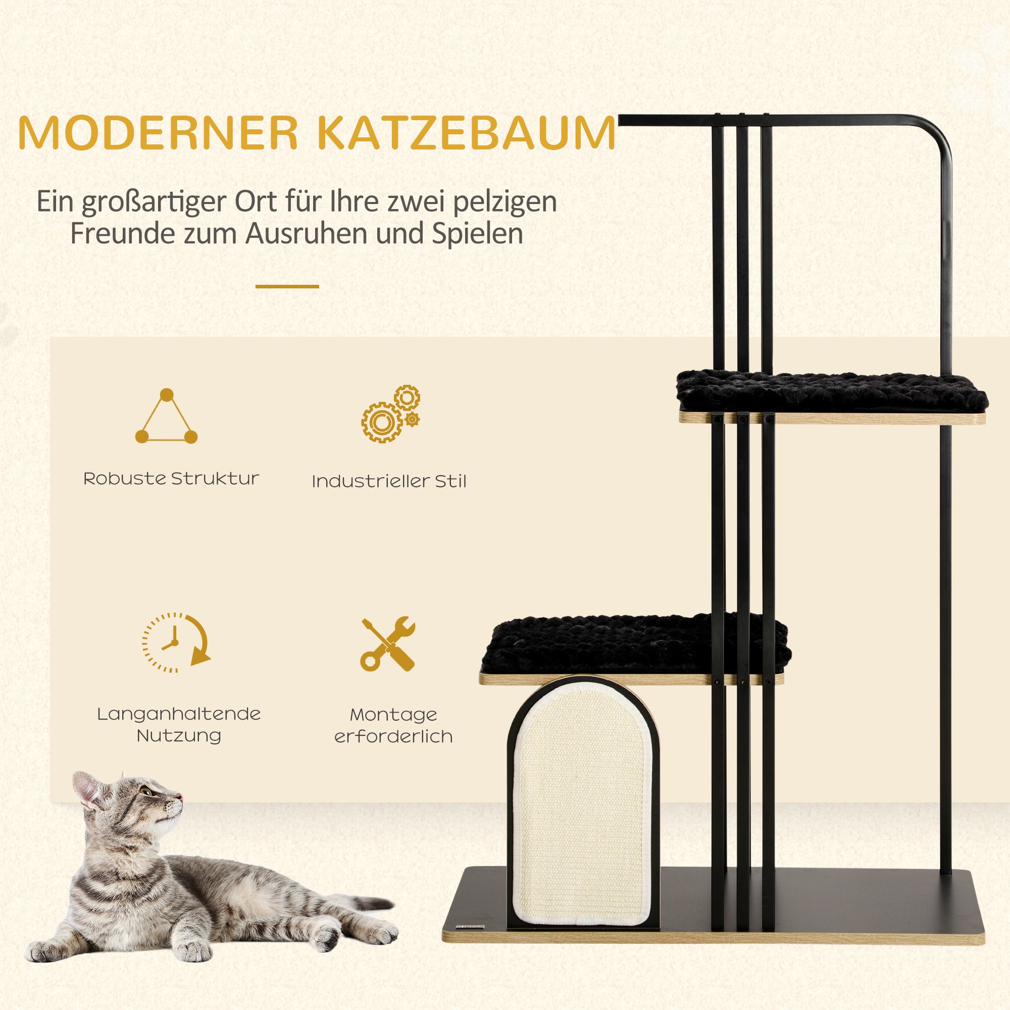Cat Tree 128 cm Cat Scratching Tree with Cushions Climbing Tree with Scratching Board, Cat Scratcher with 2 Platforms, Cat Furniture, Steel, Black