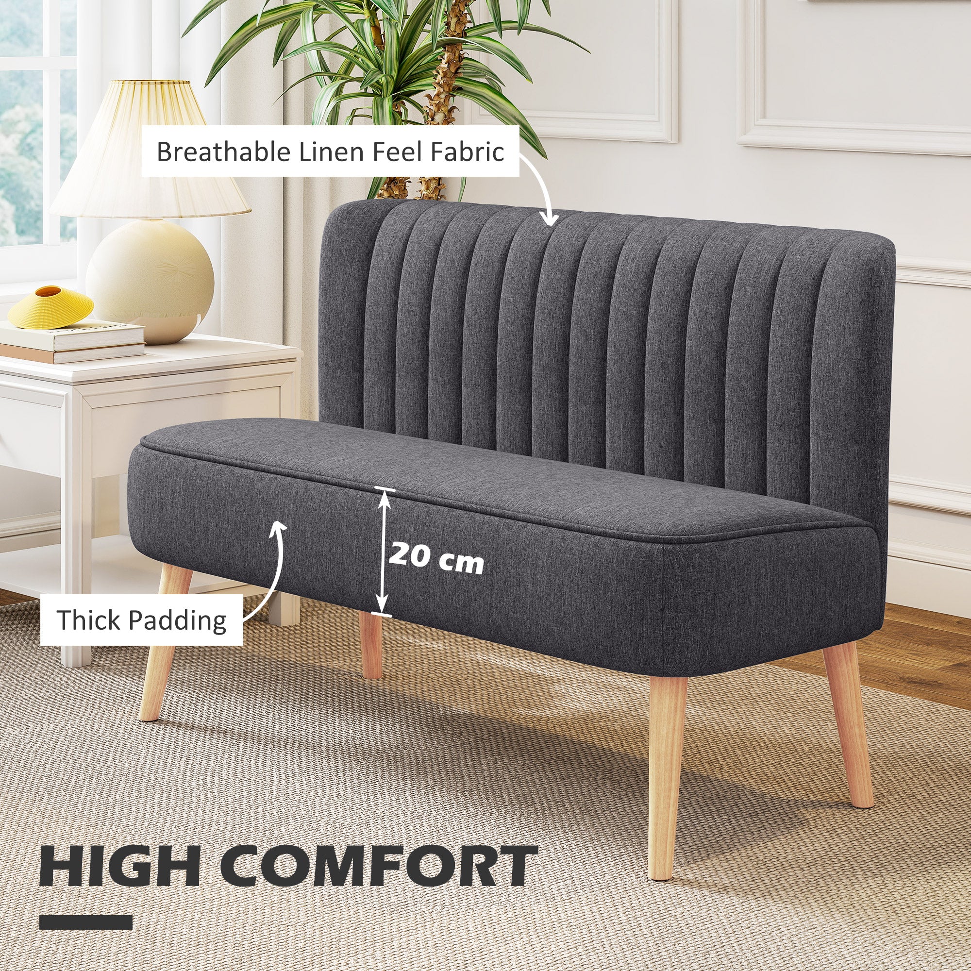 2-Seater Loveseat – Compact Linen-Look Upholstered Sofa for Living Room, Bedroom, Small Spaces, Dark Gray (46.1 x 22.2 x 30.3 in / 117 x 56.5 x 77 cm)