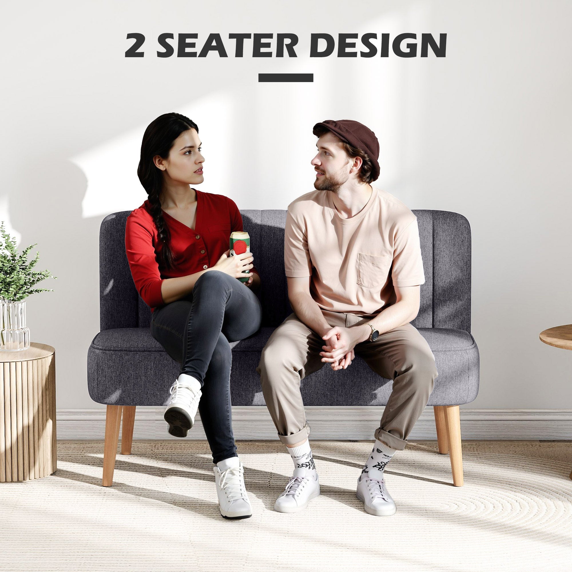 2-Seater Loveseat – Compact Linen-Look Upholstered Sofa for Living Room, Bedroom, Small Spaces, Dark Gray (46.1 x 22.2 x 30.3 in / 117 x 56.5 x 77 cm)