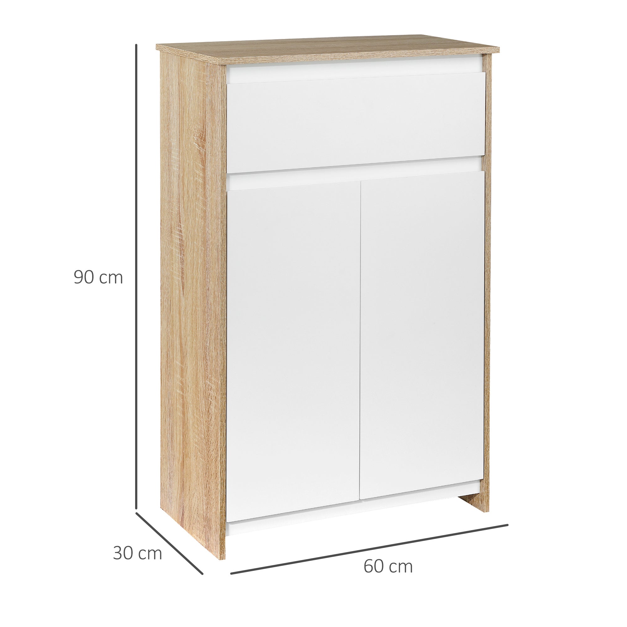 Bathroom Auxiliary Cabinet with 1 Drawer and 2 Doors Bathroom Utility Cabinet for Living Room Bathroom Bedroom Modern Style Anti-overturn 60x30x90 cm White and Natural