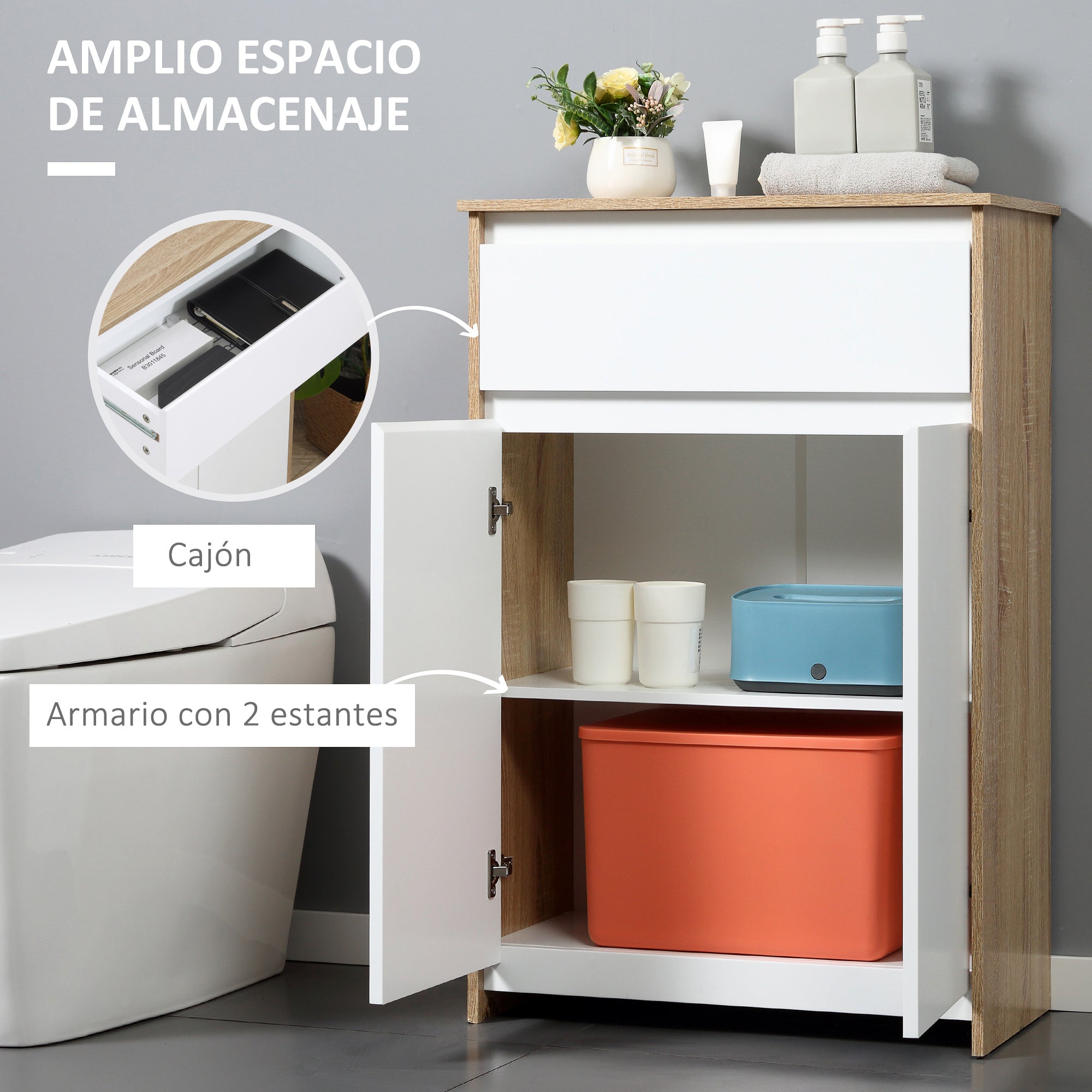 Bathroom Auxiliary Cabinet with 1 Drawer and 2 Doors Bathroom Utility Cabinet for Living Room Bathroom Bedroom Modern Style Anti-overturn 60x30x90 cm White and Natural