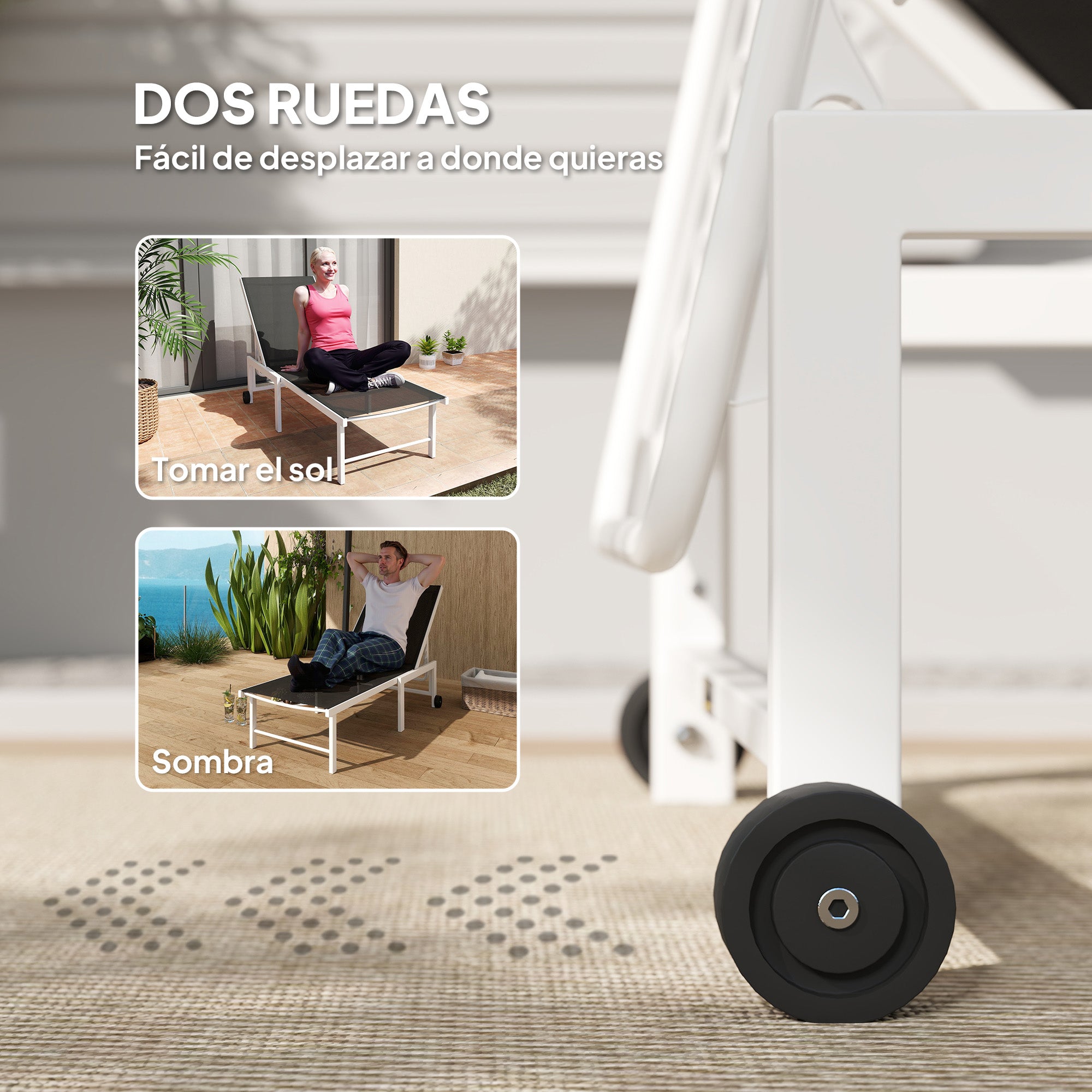 Reclining Sun Lounger Garden Sun Lounger with Wheels Adjustable Backrest in 5 Levels and Steel Structure Load 120 kg for Patio Terrace Balcony 166x60x84 cm Gray