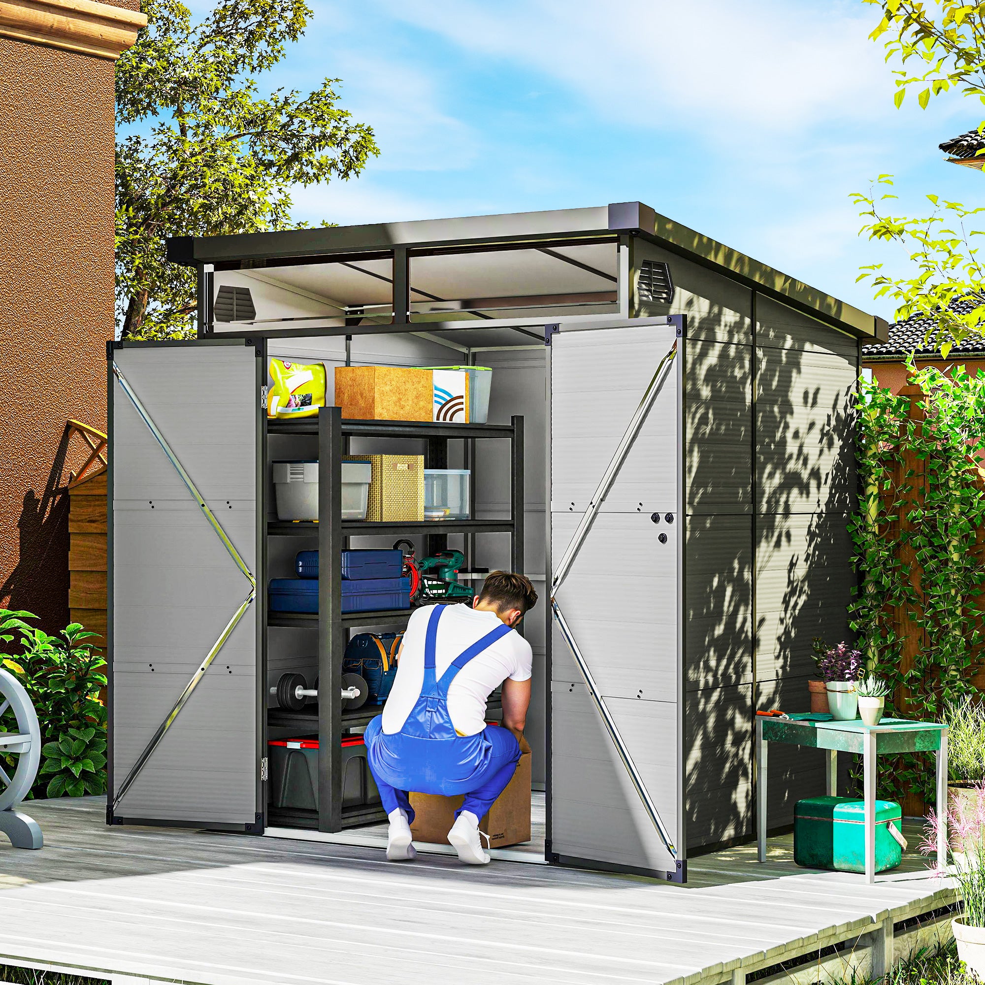 Plastic Shed 3.24m³ 190x191x215cm Tool Shed with Pent Roof, Lockable Door, Weatherproof Garden House, Outdoor Storage Cabinet for Backyard, Exterior, Light Grey