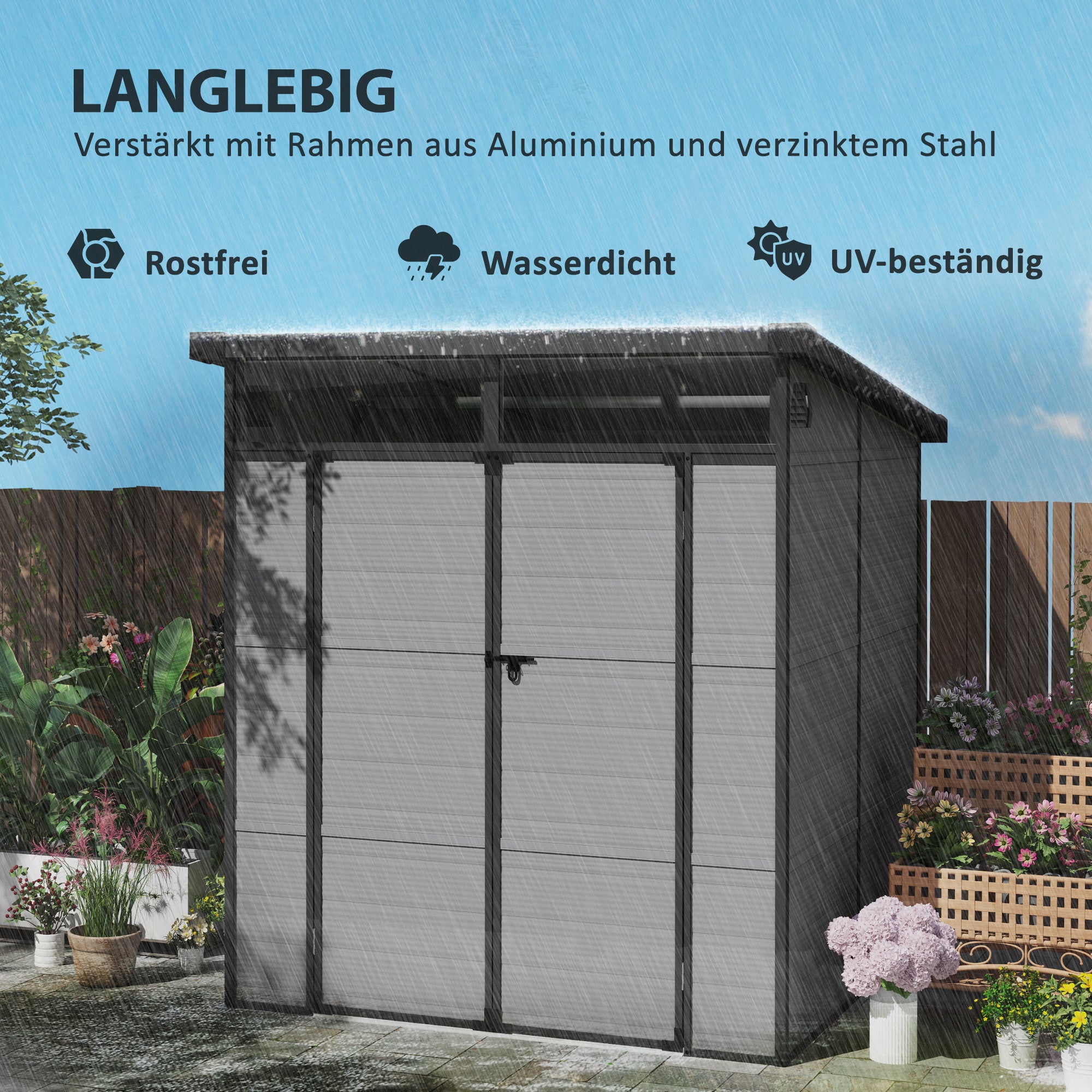 Plastic Shed 3.24m³ 190x191x215cm Tool Shed with Pent Roof, Lockable Door, Weatherproof Garden House, Outdoor Storage Cabinet for Backyard, Exterior, Light Grey