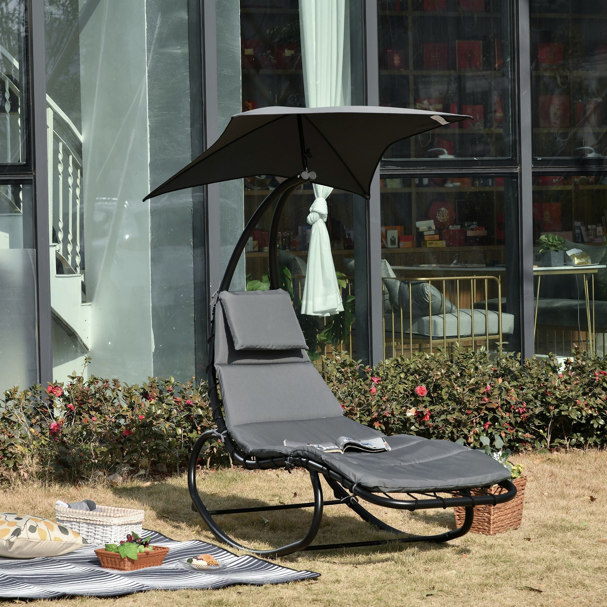 Rocking Sun Lounger Rocking Chair Recliner with Canopy Garden Balcony Office Dark Gray 185 x 114 x 190 cm