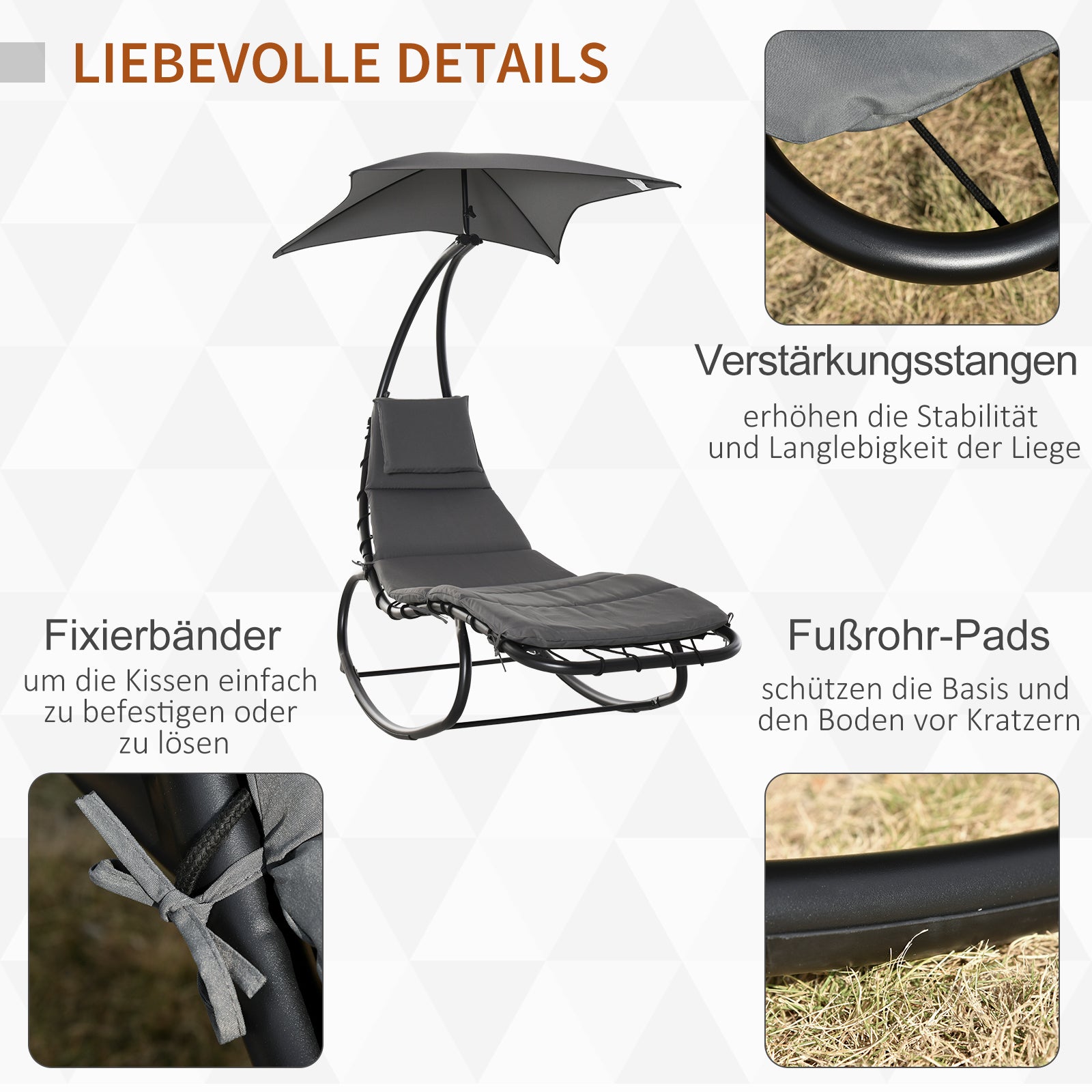 Rocking Sun Lounger Rocking Chair Recliner with Canopy Garden Balcony Office Dark Gray 185 x 114 x 190 cm